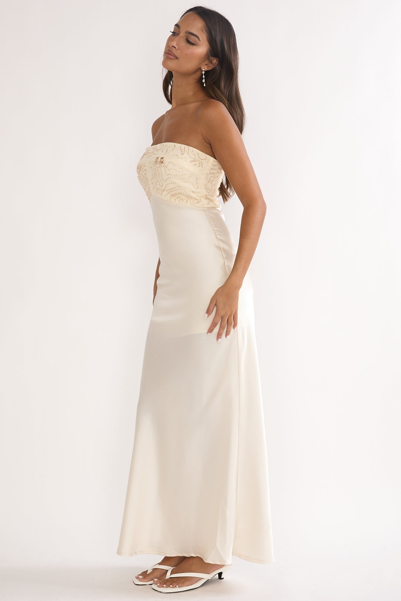 At Dusk Beaded Bust Strapless Maxi Dress Oyster-Maymioy