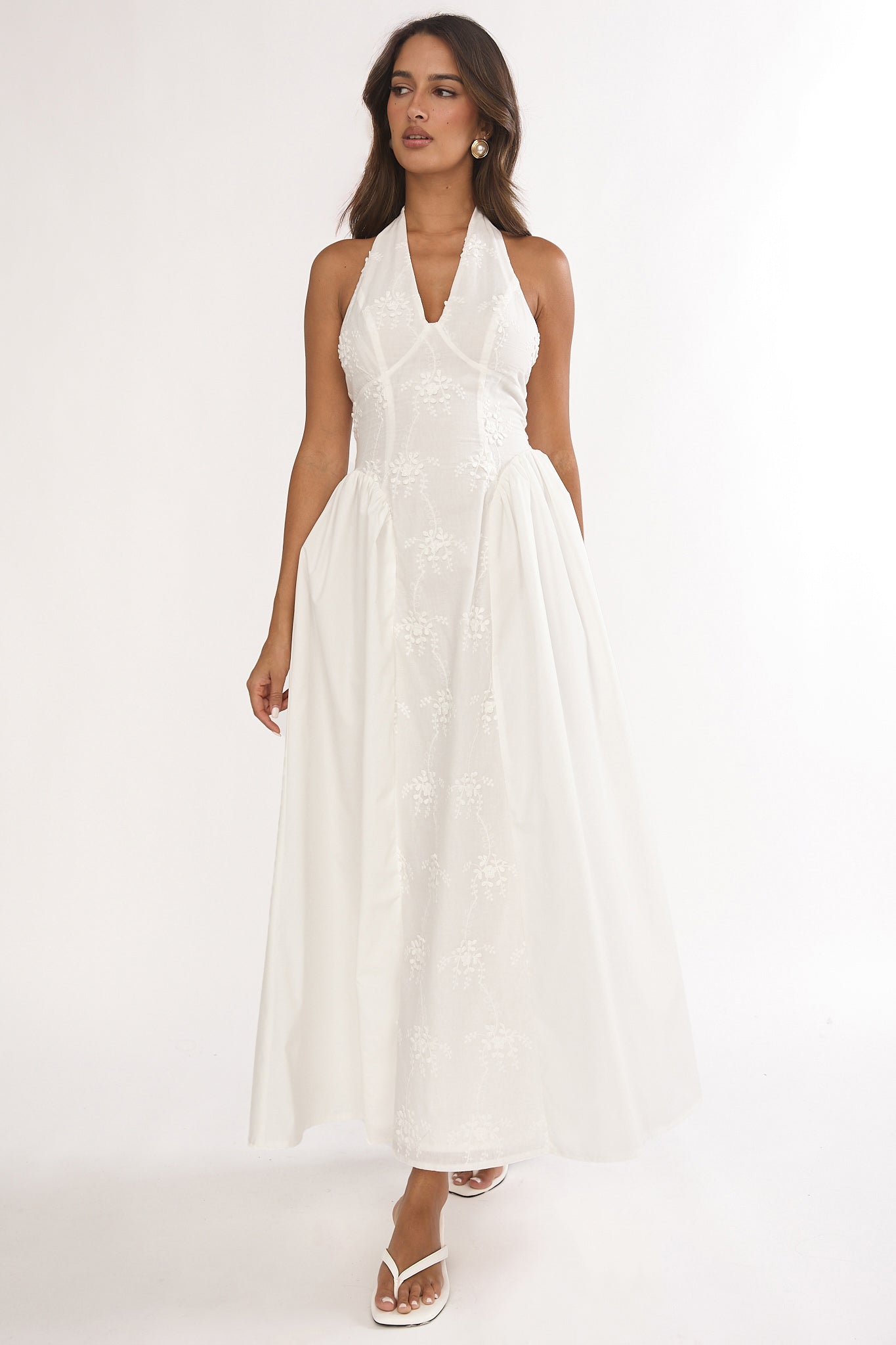 Talirosa Embroidered Halterneck Maxi Dress White-Maymioy