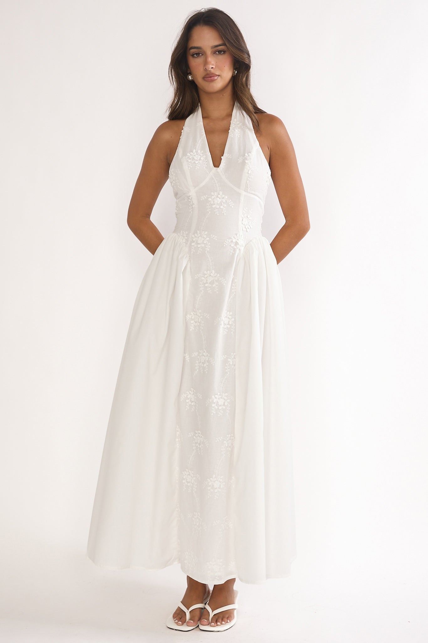 Talirosa Embroidered Halterneck Maxi Dress White-Maymioy