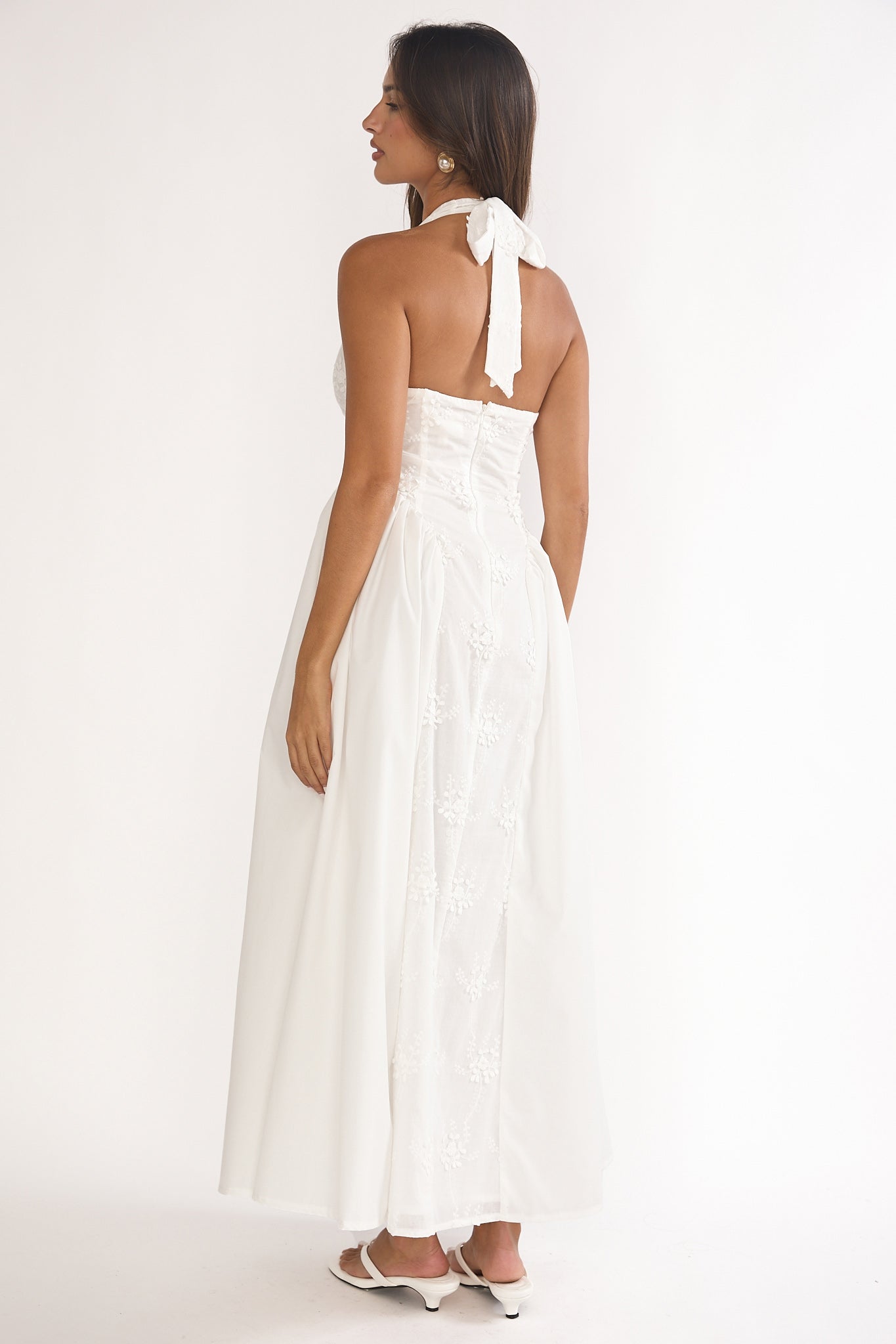 Talirosa Embroidered Halterneck Maxi Dress White-Maymioy