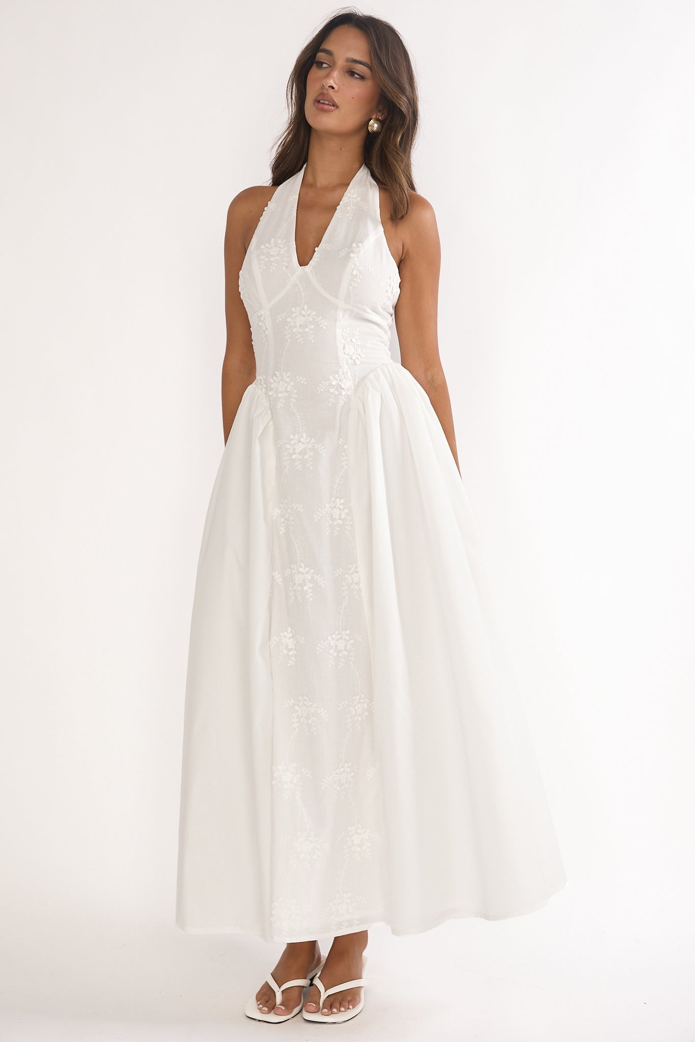 Talirosa Embroidered Halterneck Maxi Dress White-Maymioy