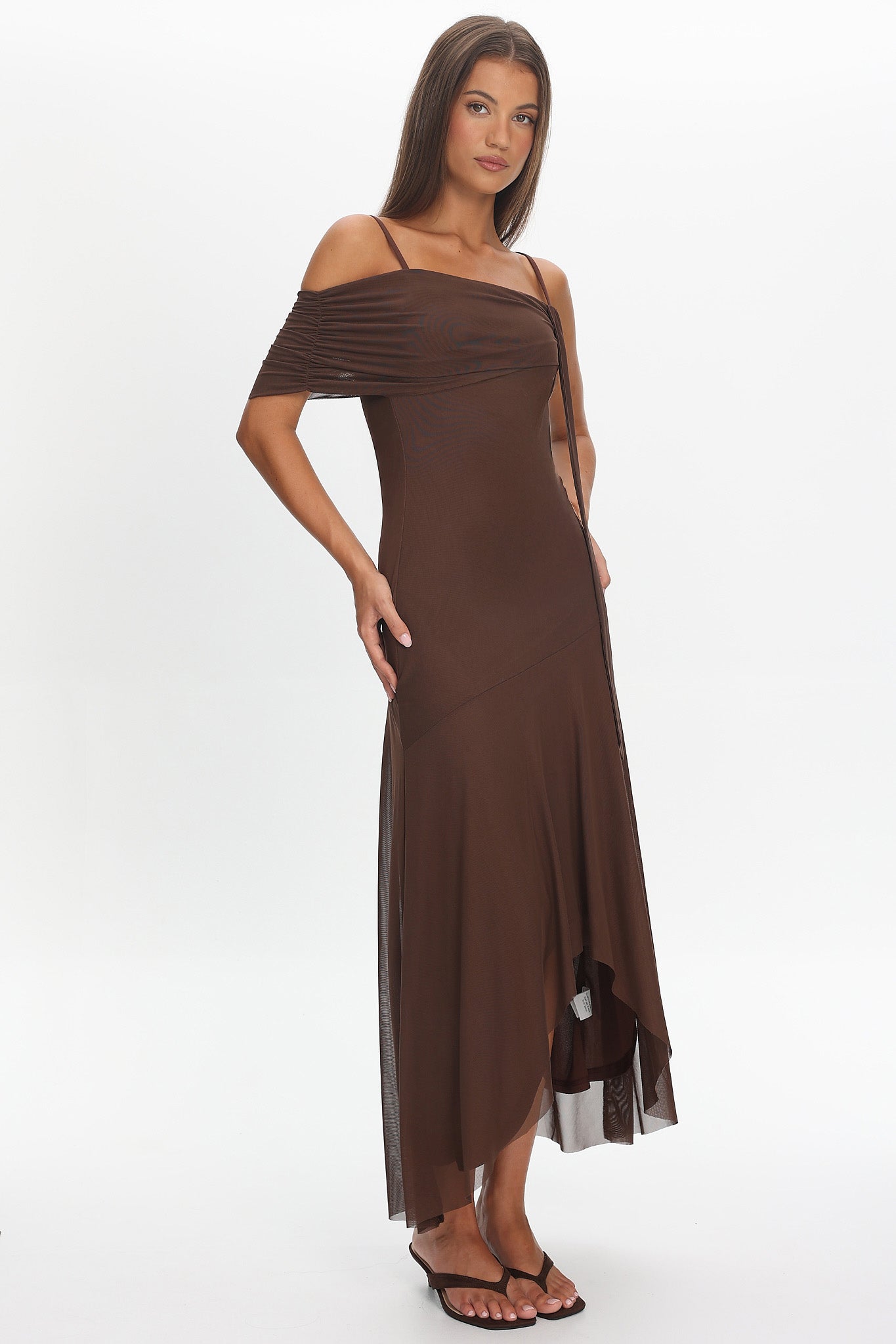 Millitah Asymmetric Hem Mesh Maxi Dress Chocolate-Maymioy