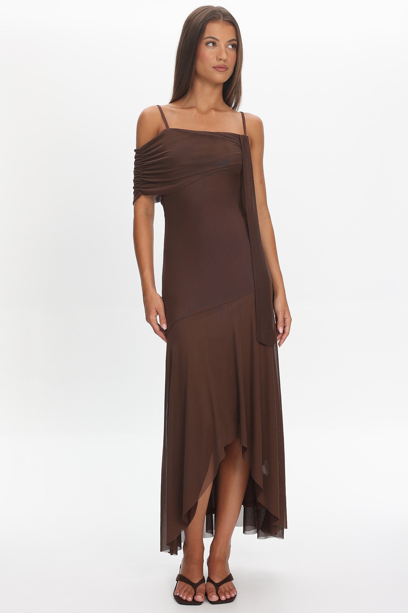Millitah Asymmetric Hem Mesh Maxi Dress Chocolate-Maymioy
