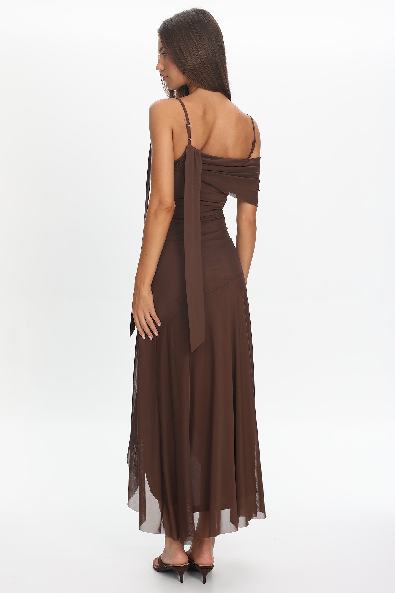 Millitah Asymmetric Hem Mesh Maxi Dress Chocolate-Maymioy