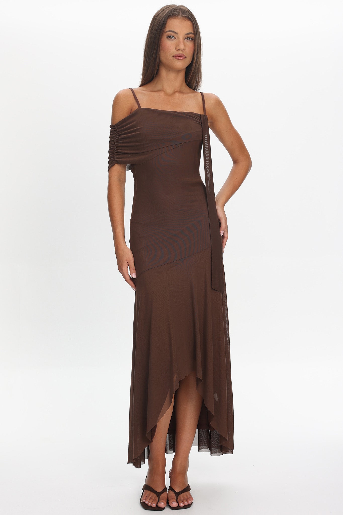 Millitah Asymmetric Hem Mesh Maxi Dress Chocolate-Maymioy