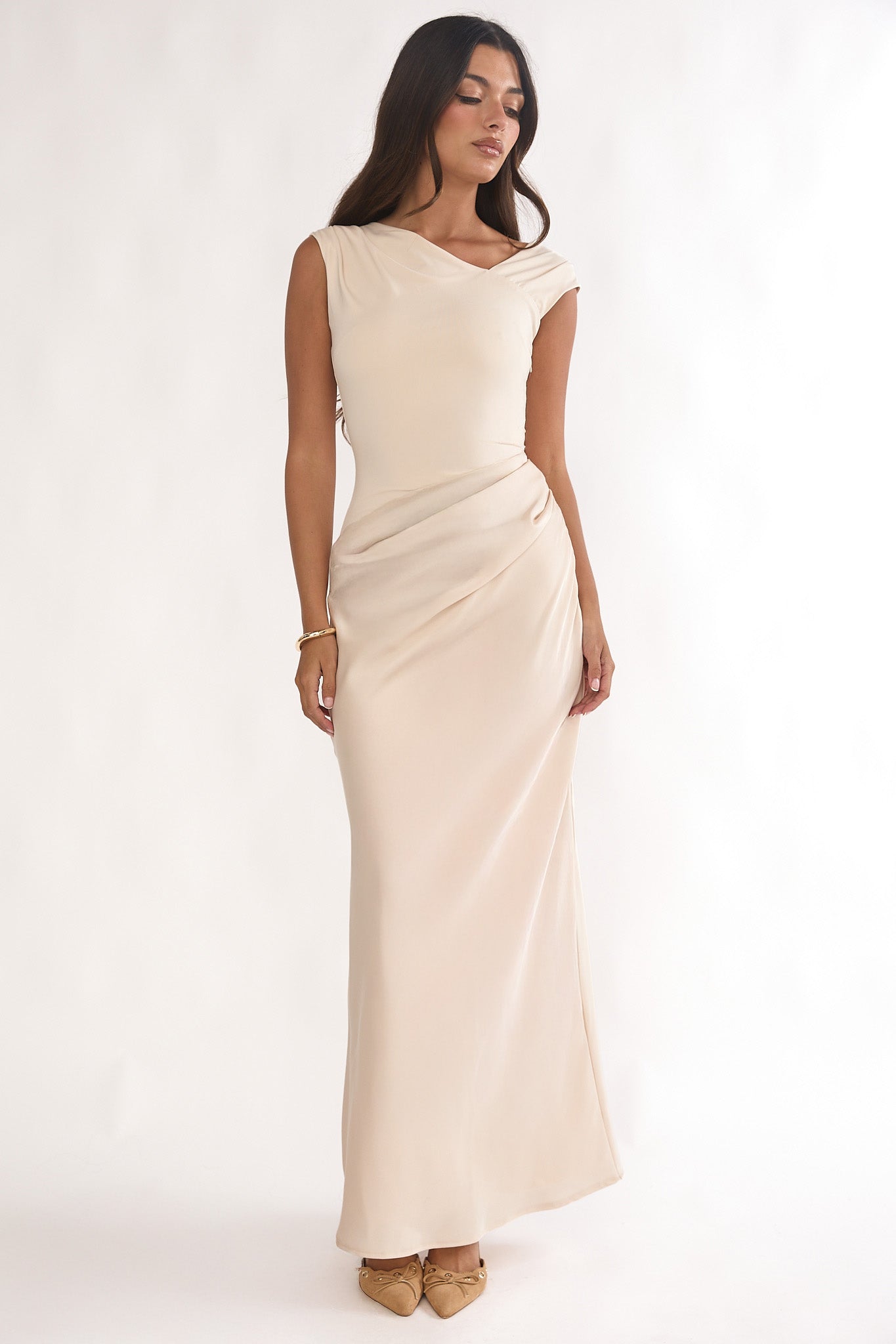Brinelle Side Pleat Maxi Dress Ecru-Maymioy