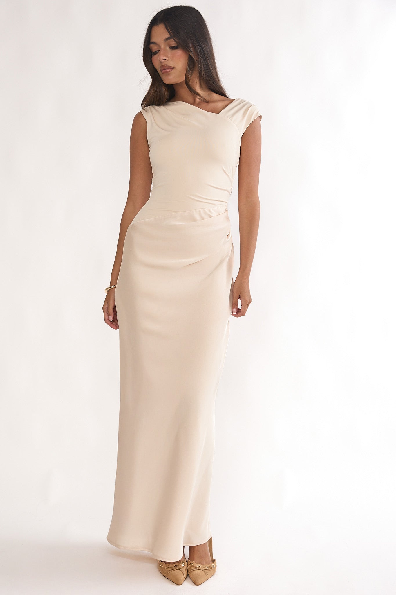 Brinelle Side Pleat Maxi Dress Ecru-Maymioy