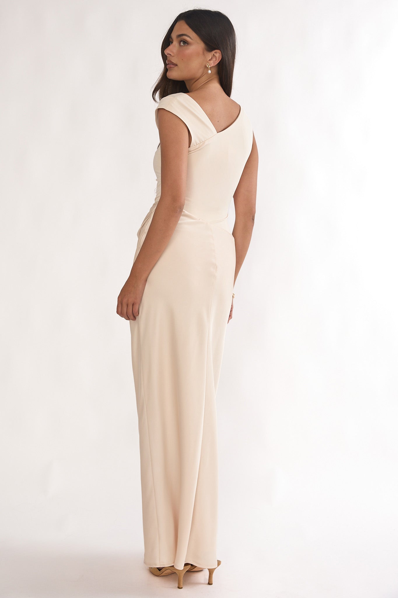 Brinelle Side Pleat Maxi Dress Ecru-Maymioy