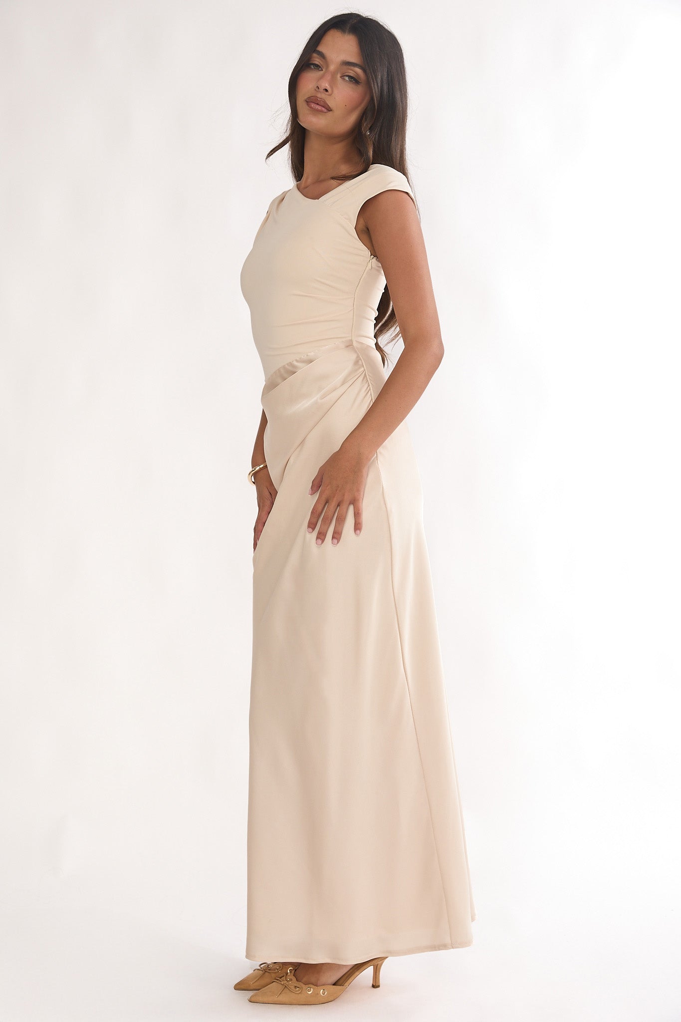 Brinelle Side Pleat Maxi Dress Ecru-Maymioy