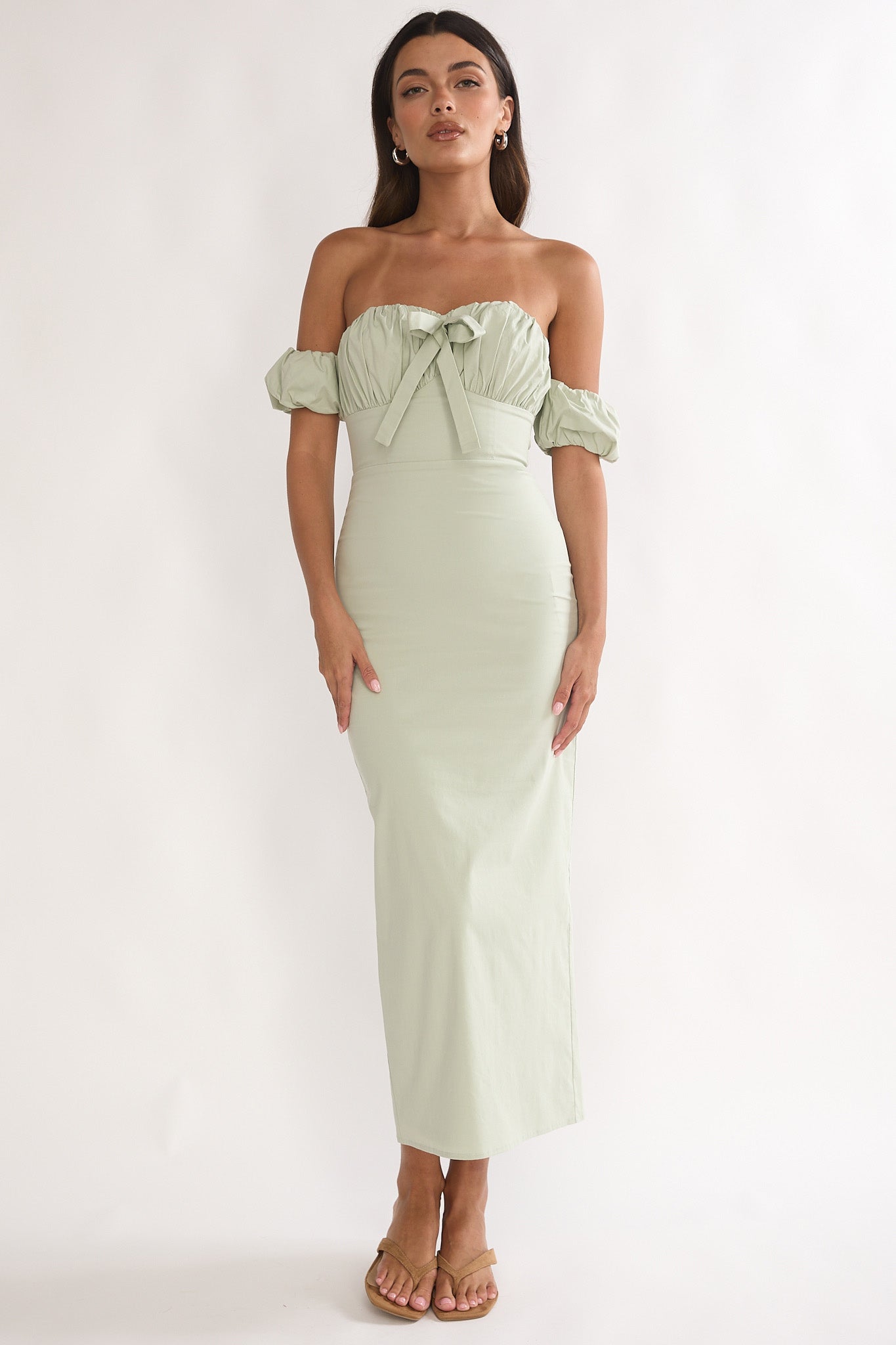 Maelis Off-Shoulder Puff Sleeve Maxi Dress Sage-Maymioy