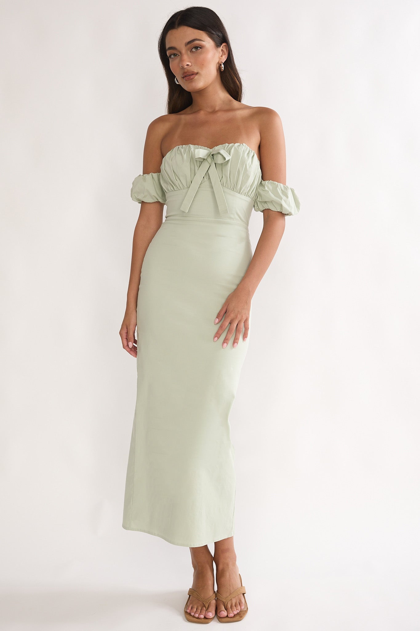 Maelis Off-Shoulder Puff Sleeve Maxi Dress Sage-Maymioy