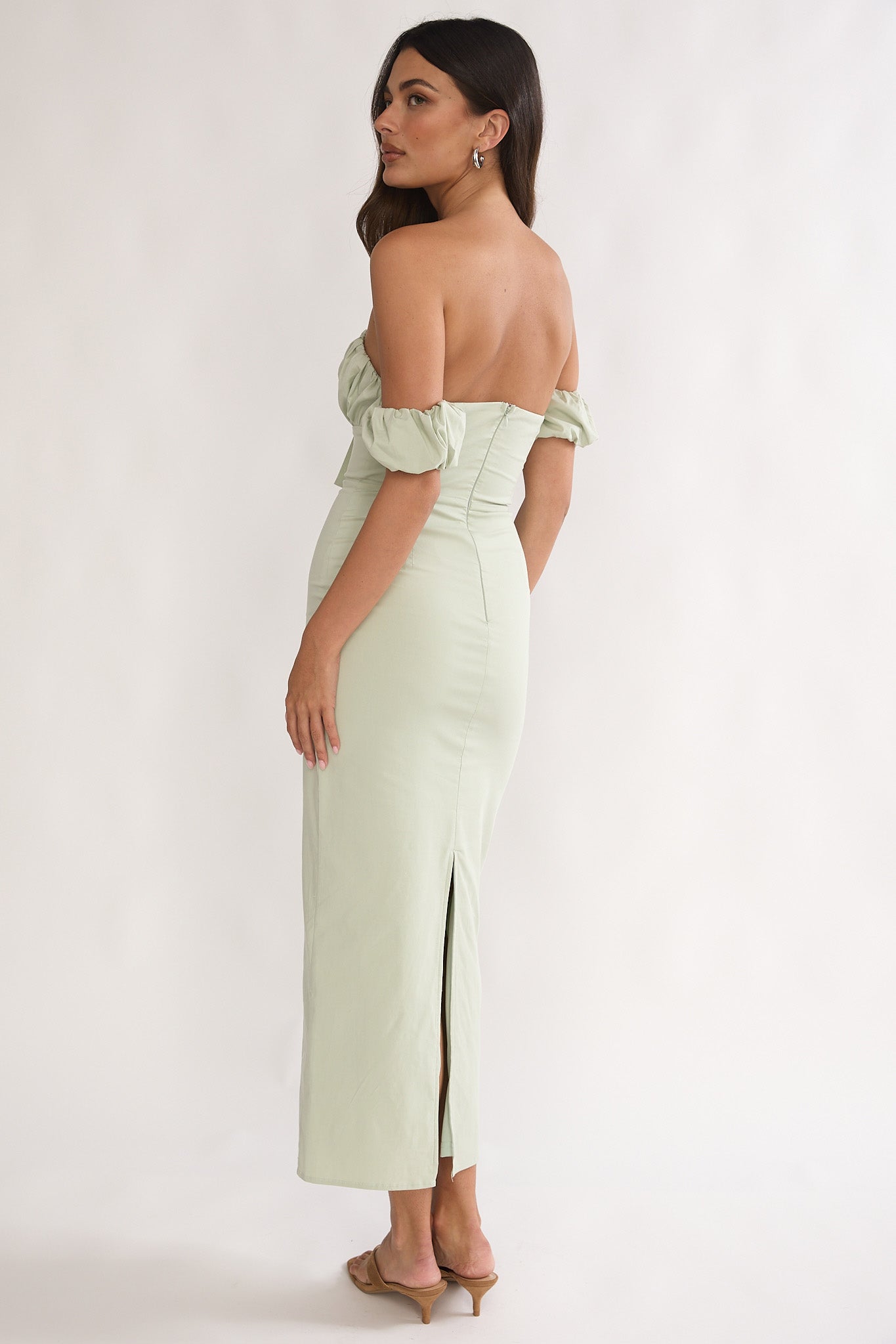 Maelis Off-Shoulder Puff Sleeve Maxi Dress Sage-Maymioy