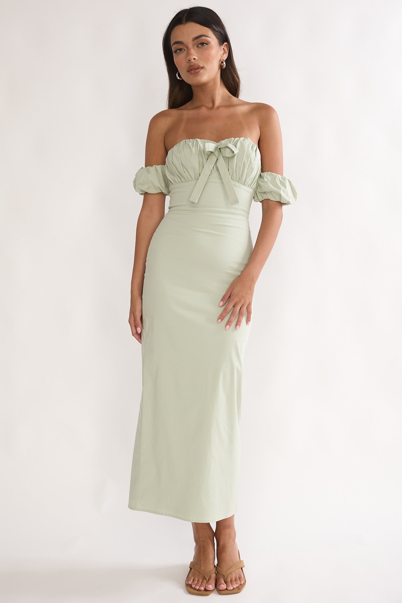 Maelis Off-Shoulder Puff Sleeve Maxi Dress Sage-Maymioy