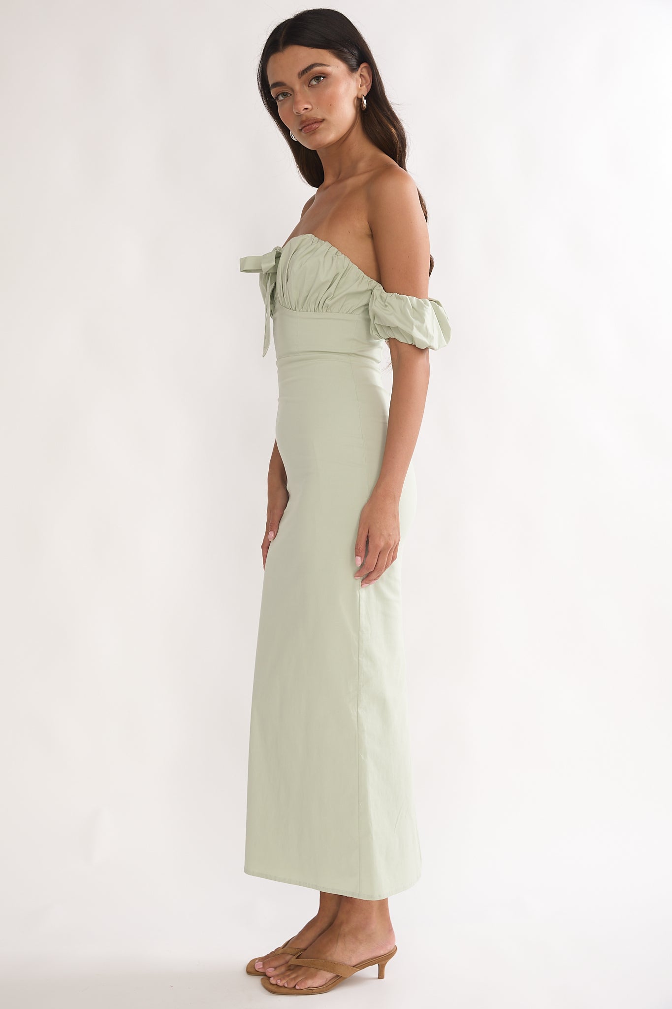 Maelis Off-Shoulder Puff Sleeve Maxi Dress Sage-Maymioy