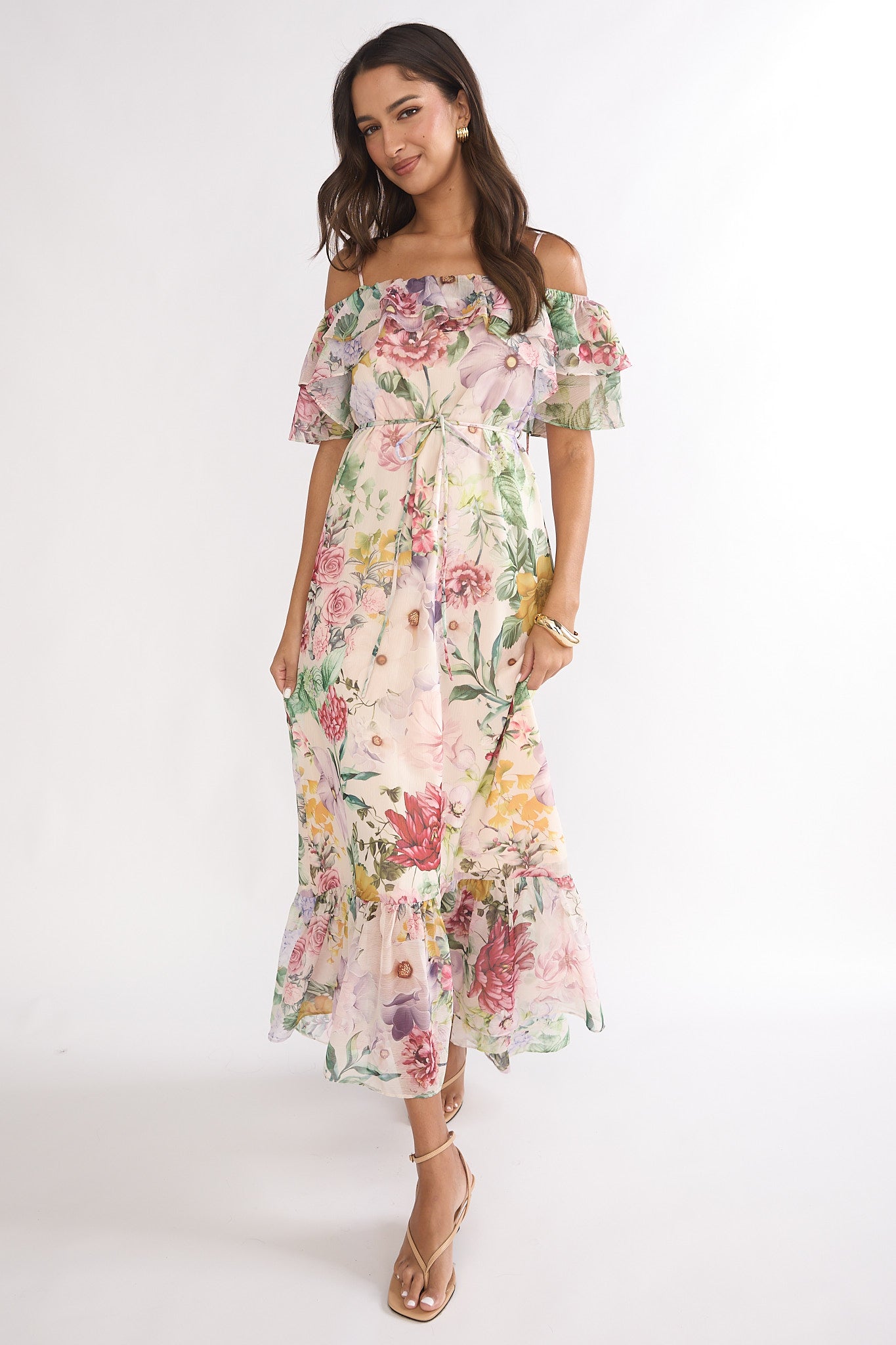 Ivelle Off-Shoulder Ruffle Maxi Dress Floral-Maymioy