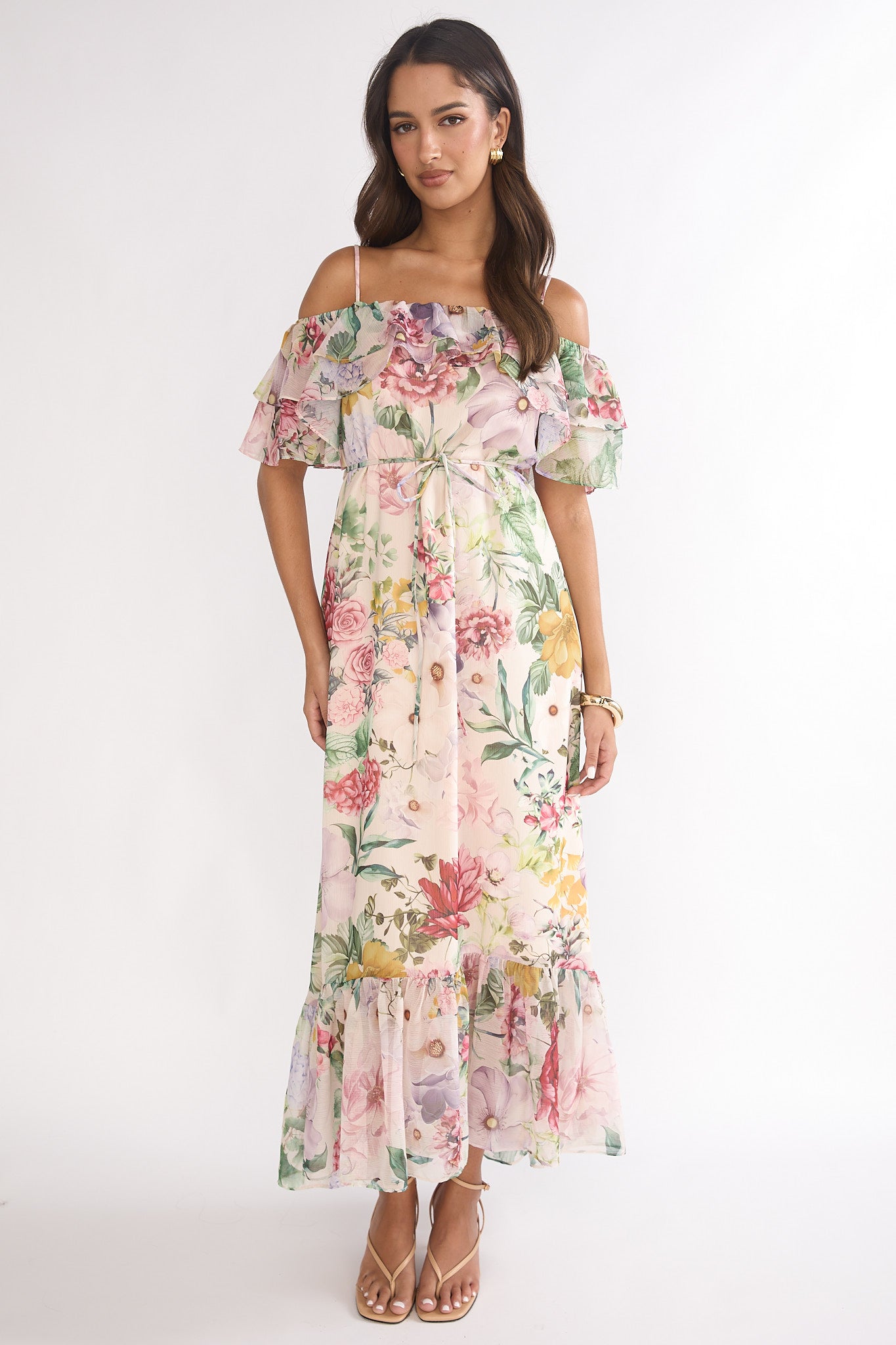 Ivelle Off-Shoulder Ruffle Maxi Dress Floral-Maymioy