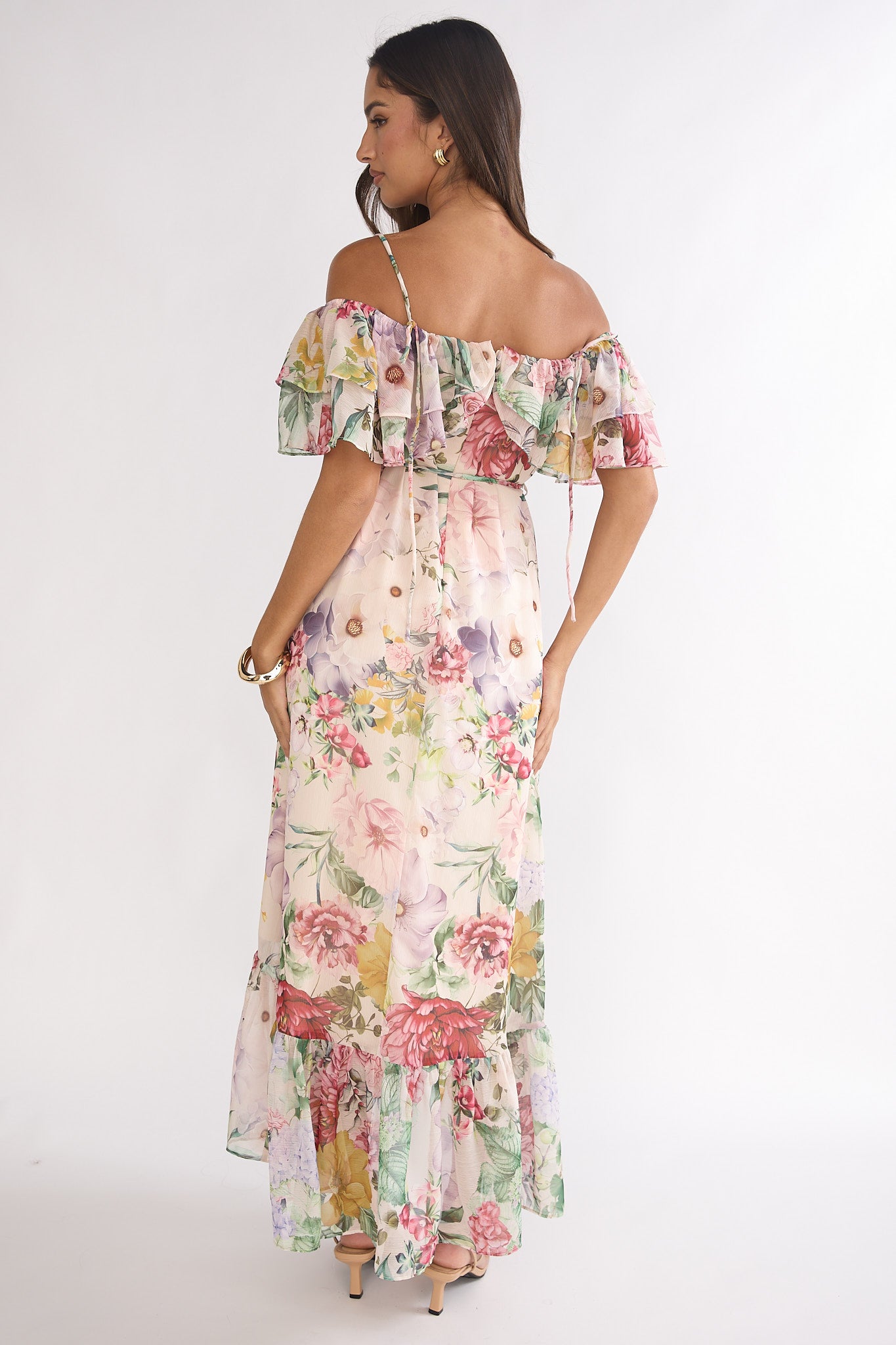 Ivelle Off-Shoulder Ruffle Maxi Dress Floral-Maymioy
