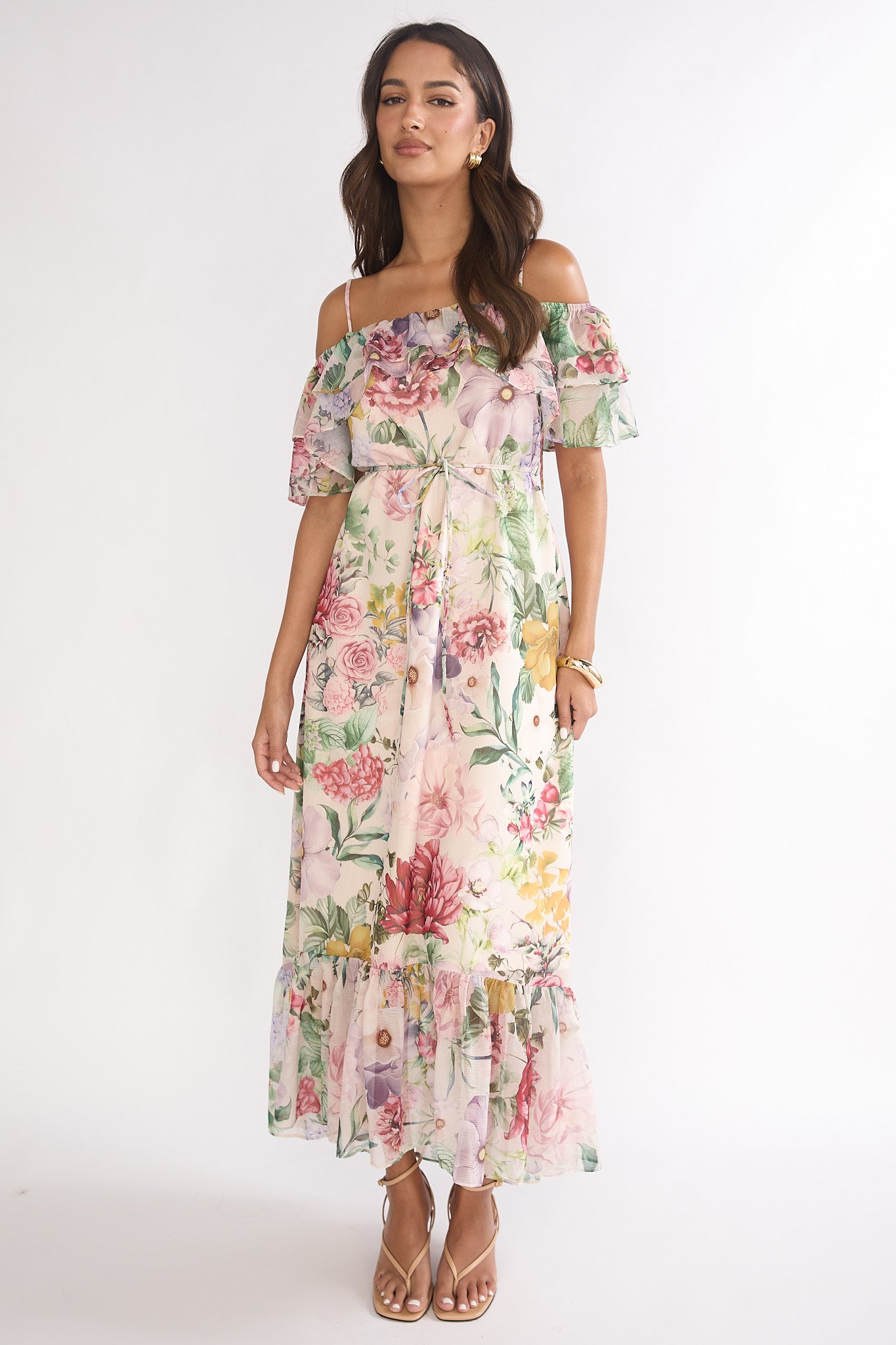 Ivelle Off-Shoulder Ruffle Maxi Dress Floral-Maymioy