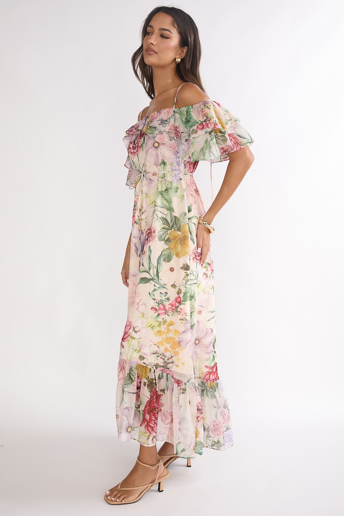 Ivelle Off-Shoulder Ruffle Maxi Dress Floral-Maymioy