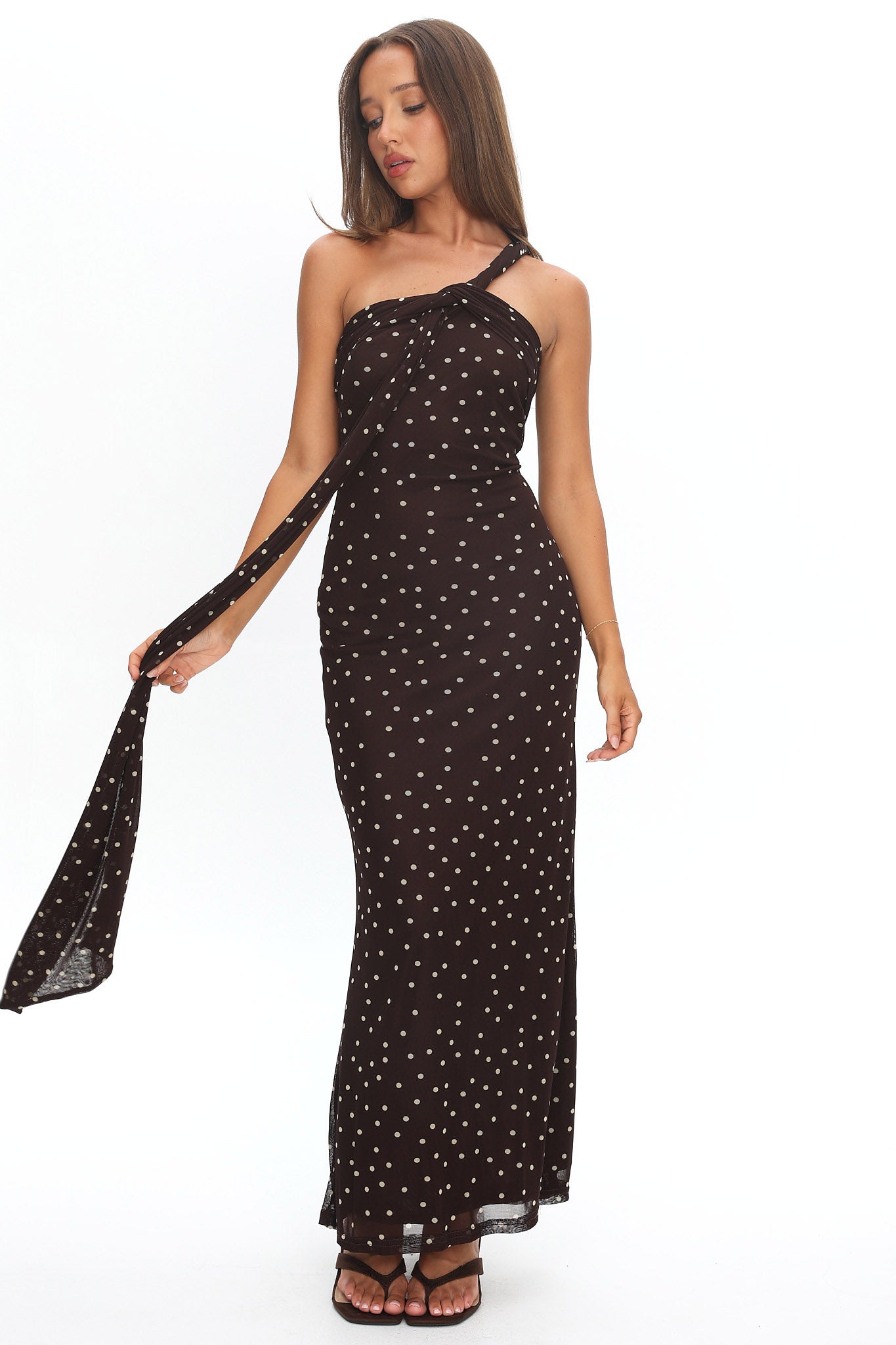 Honeydew Back Knot Maxi Dress Polka Dot Chocolate-Maymioy