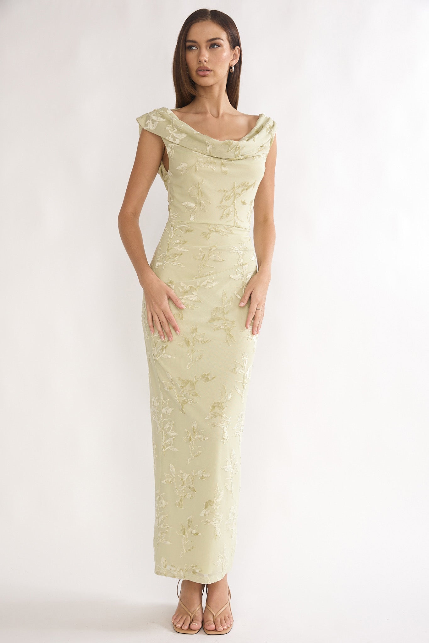 Evermore Cowl Neck Maxi Dress Floral Sage-Maymioy