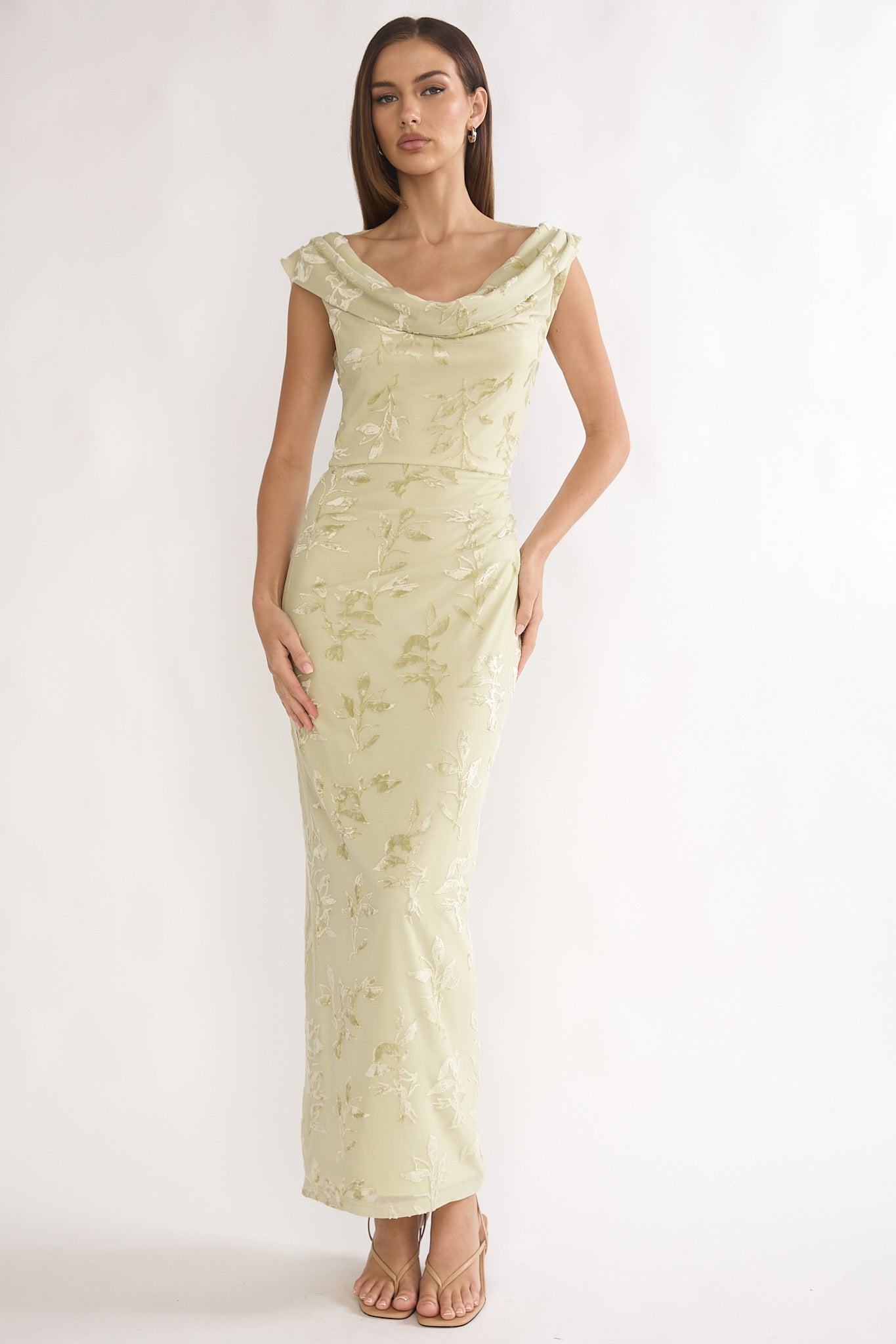 Evermore Cowl Neck Maxi Dress Floral Sage-Maymioy