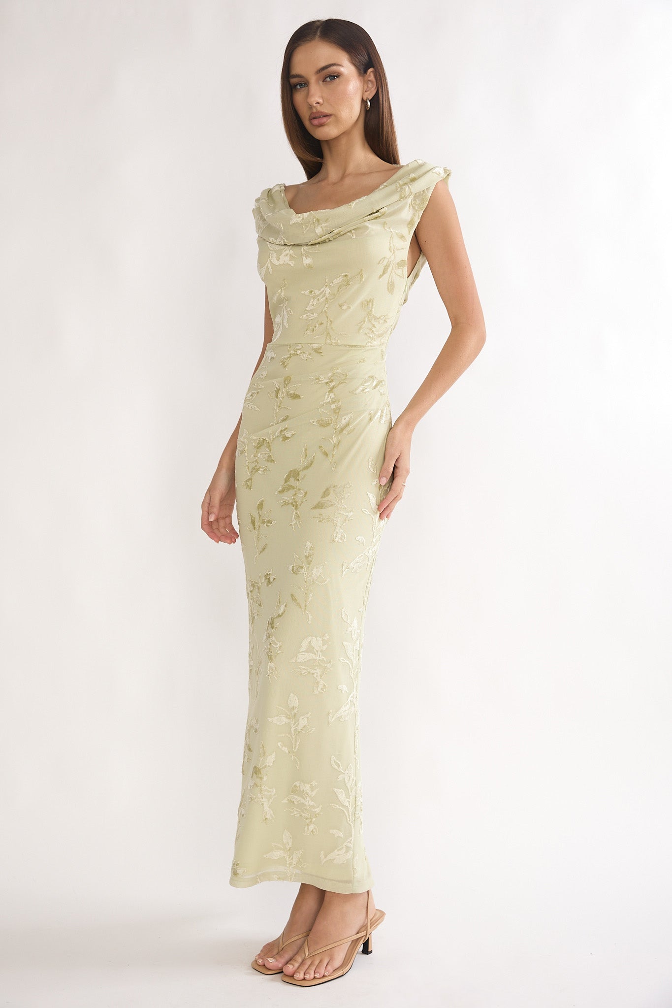 Evermore Cowl Neck Maxi Dress Floral Sage-Maymioy