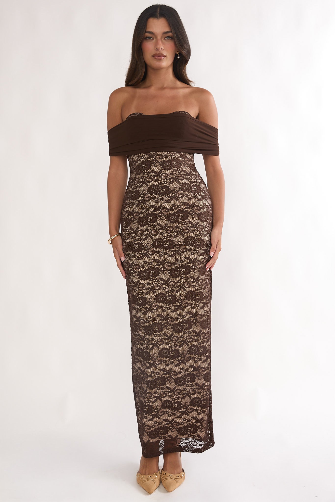 Jewelene Off-Shoulder Maxi Dress Lace Chocolate-Maymioy