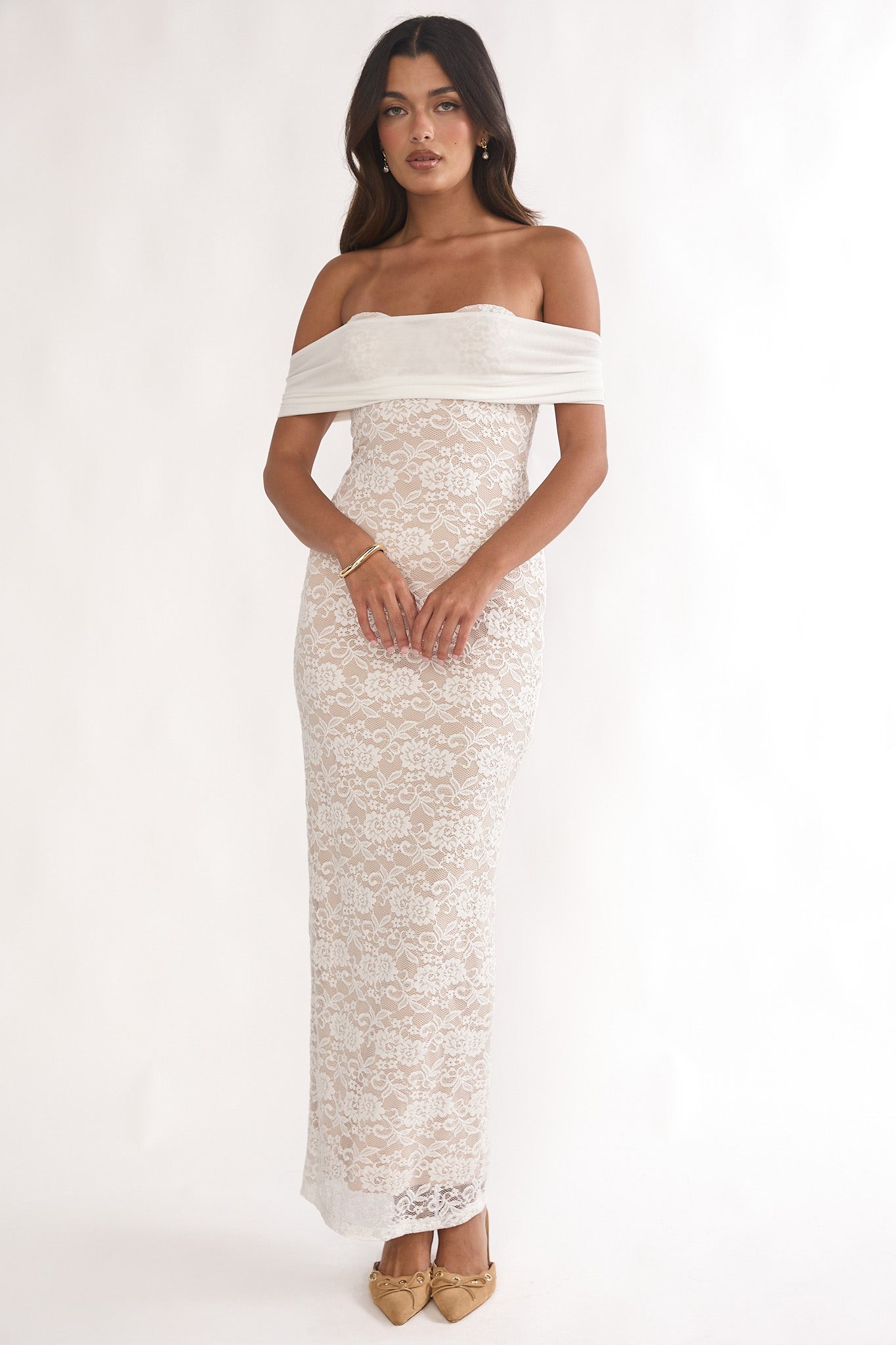 Jewelene Off-Shoulder Maxi Dress Lace White-Maymioy
