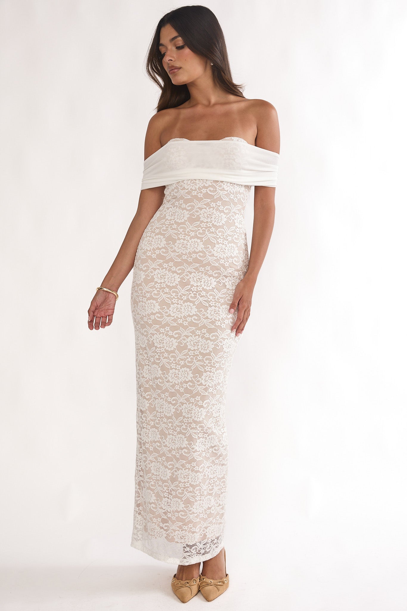 Jewelene Off-Shoulder Maxi Dress Lace White-Maymioy