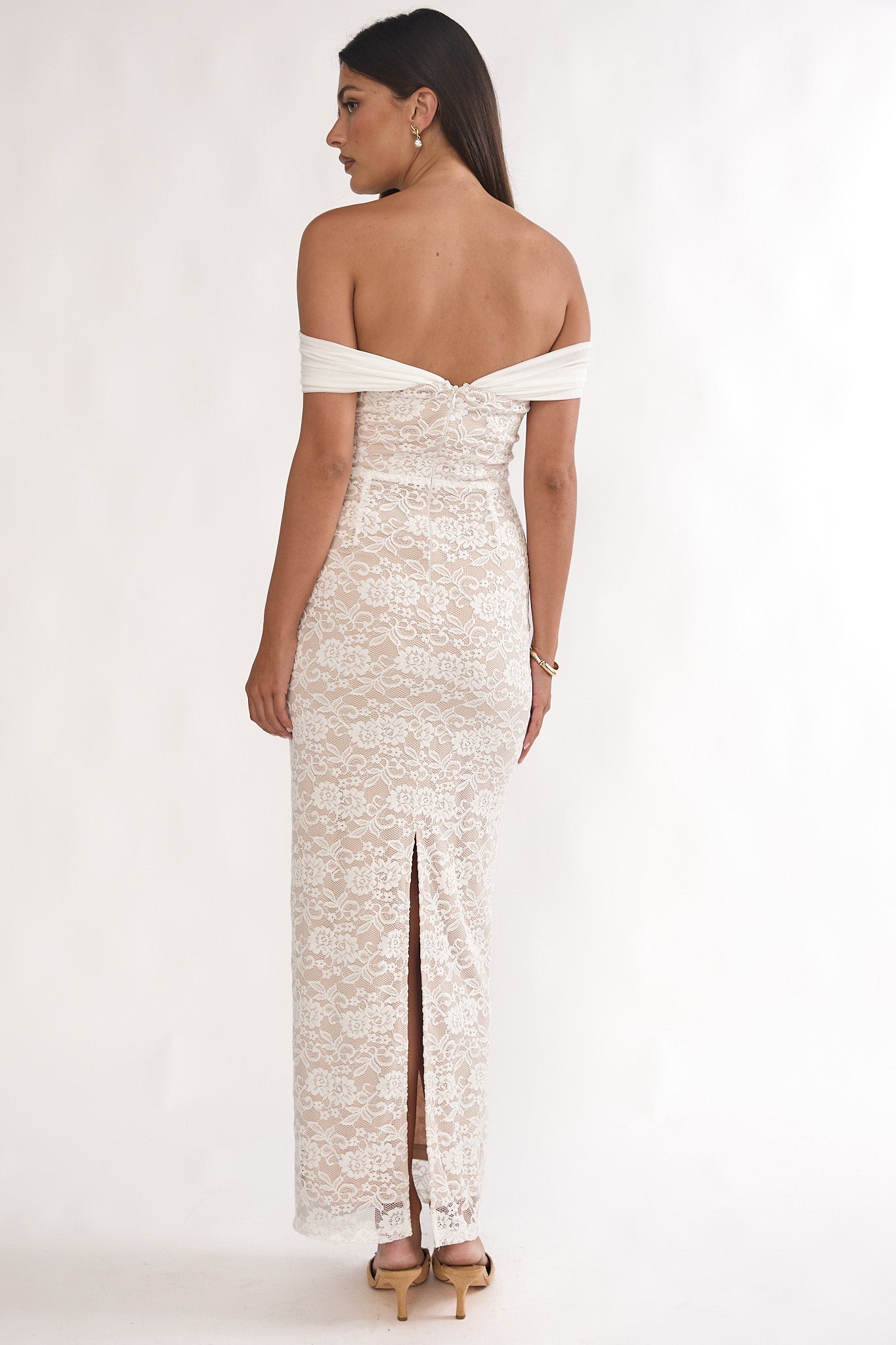 Jewelene Off-Shoulder Maxi Dress Lace White-Maymioy