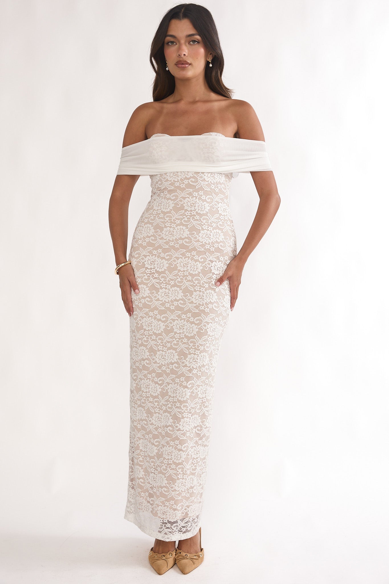 Jewelene Off-Shoulder Maxi Dress Lace White-Maymioy