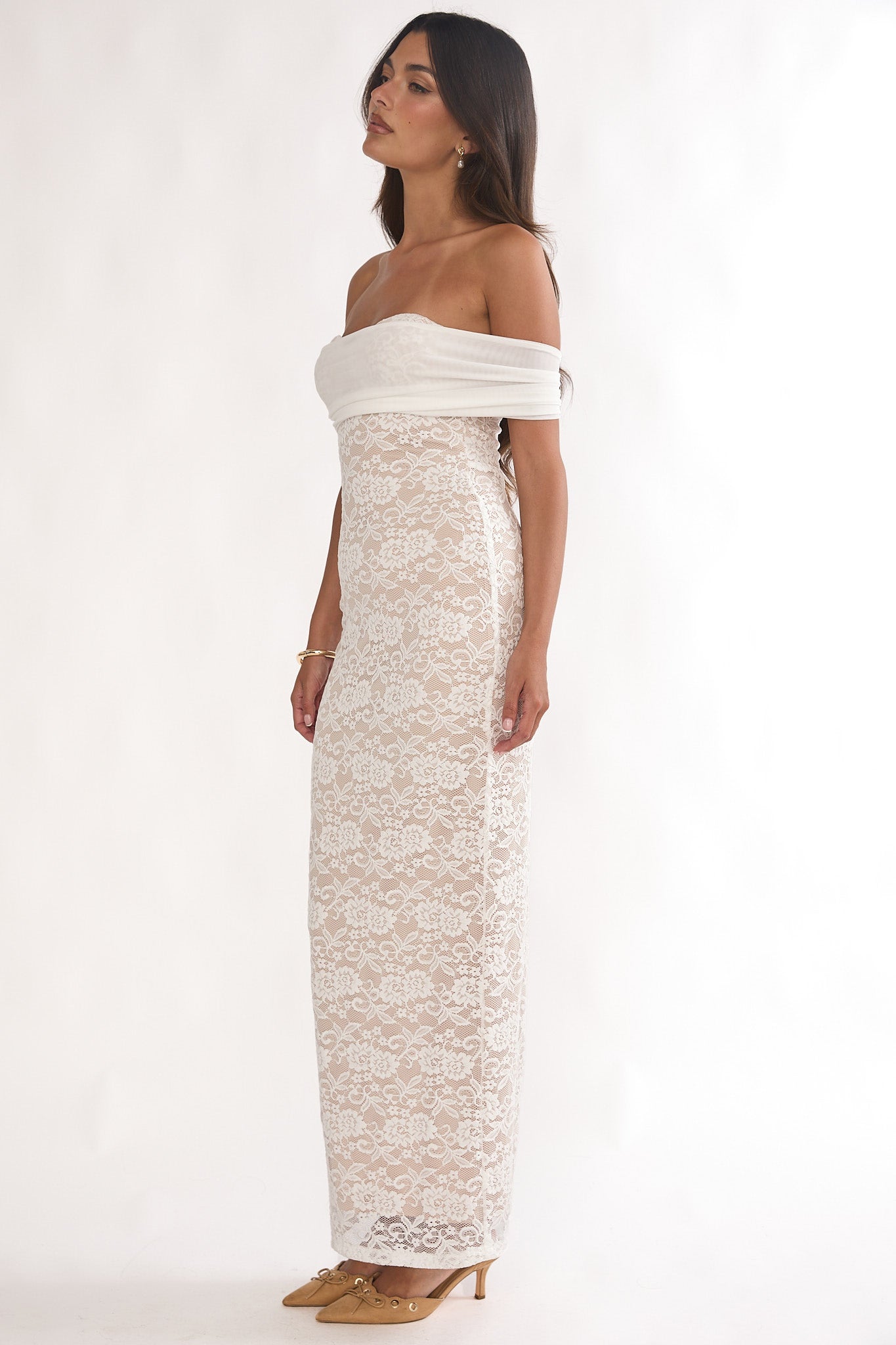 Jewelene Off-Shoulder Maxi Dress Lace White-Maymioy