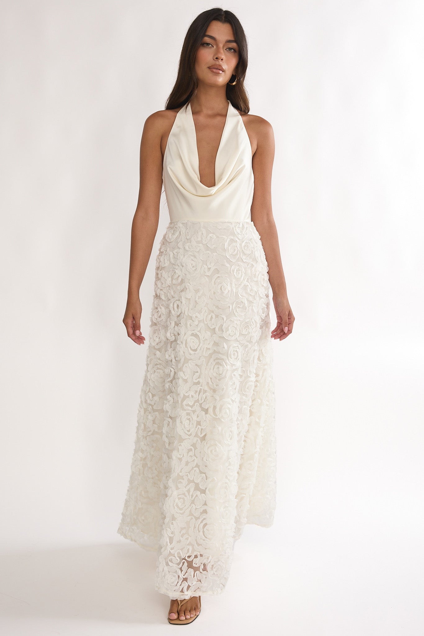 Lucerne Cowl Halter Maxi Dress Embellished Ivory-Maymioy
