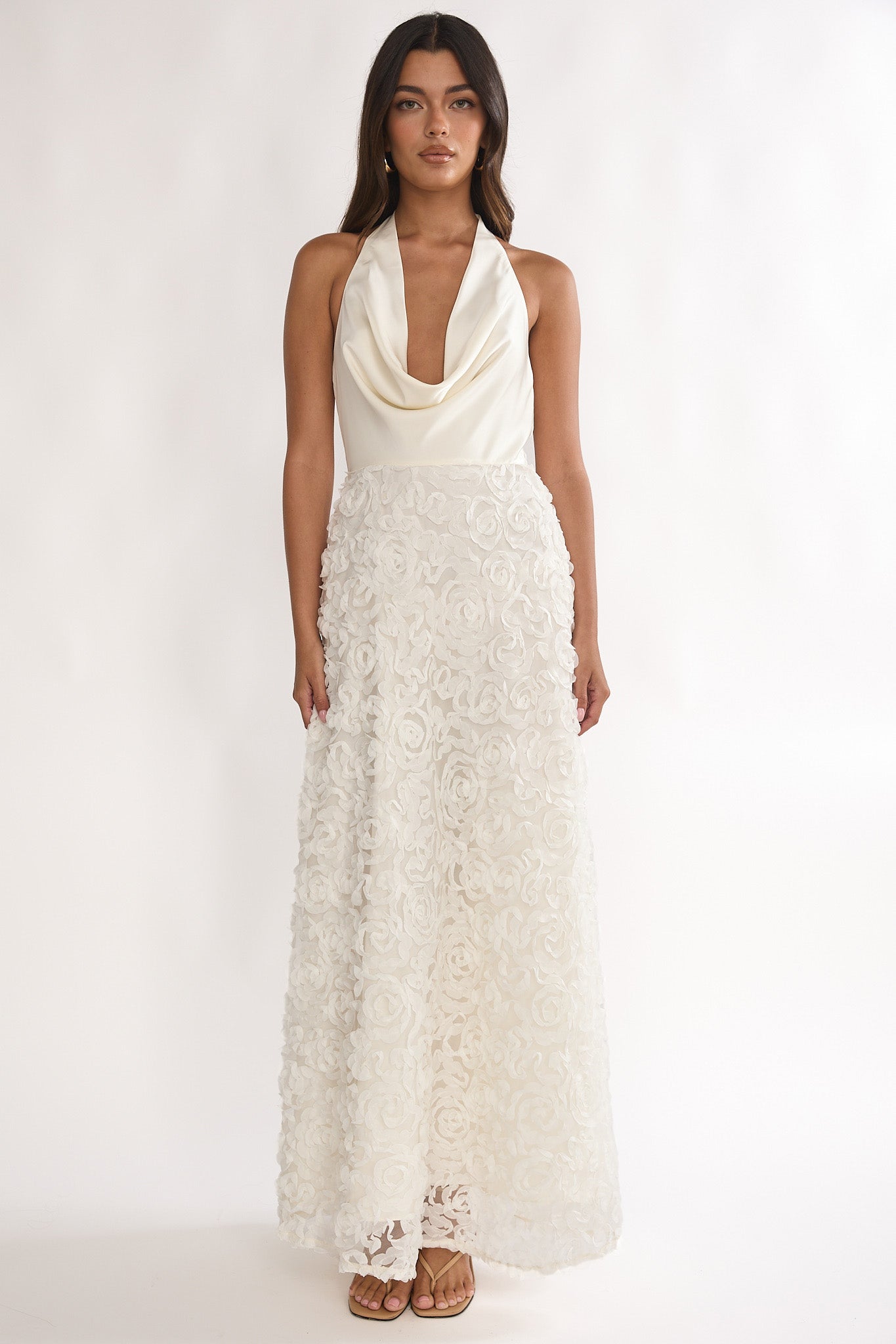 Lucerne Cowl Halter Maxi Dress Embellished Ivory-Maymioy
