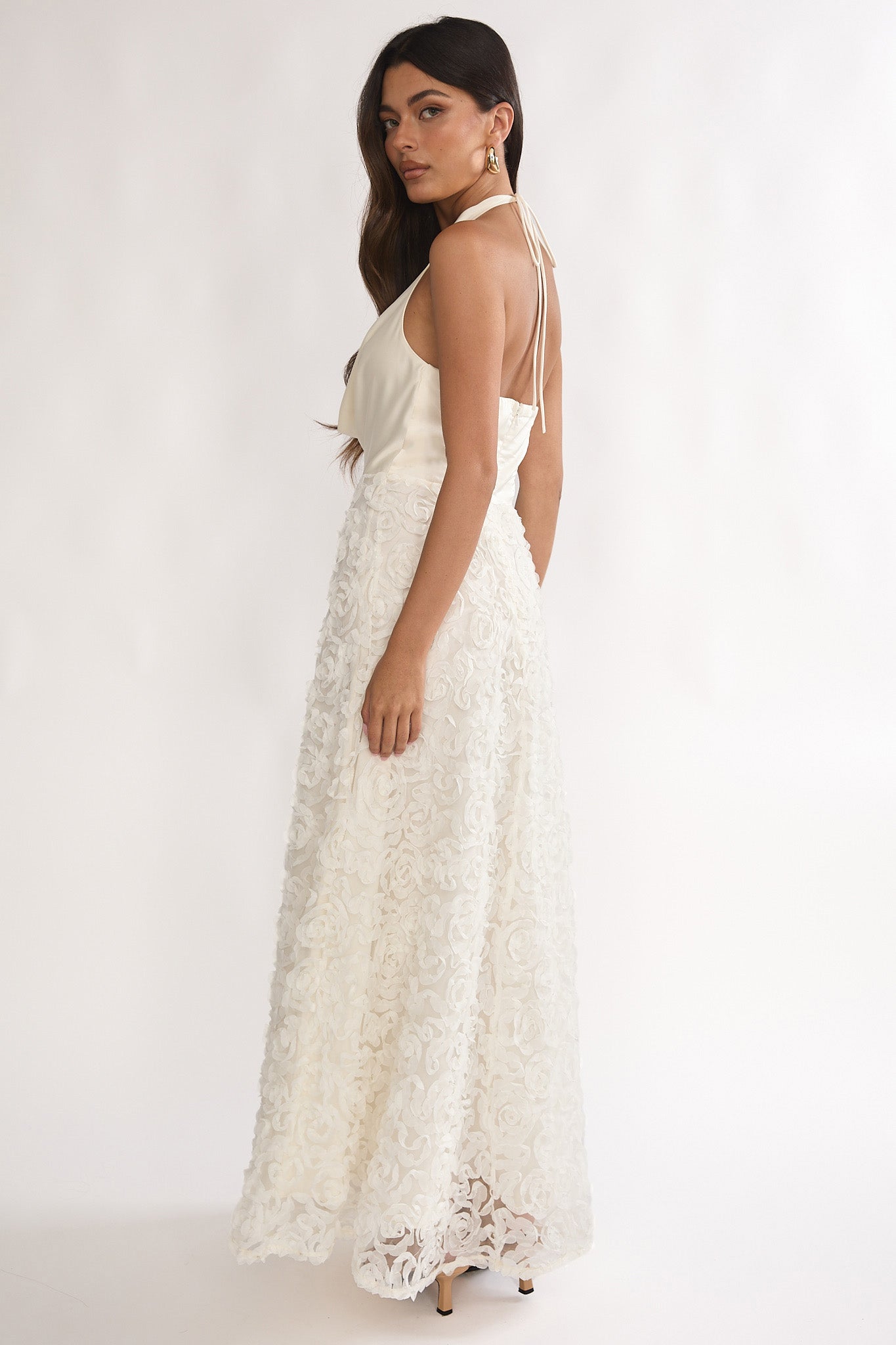 Lucerne Cowl Halter Maxi Dress Embellished Ivory-Maymioy