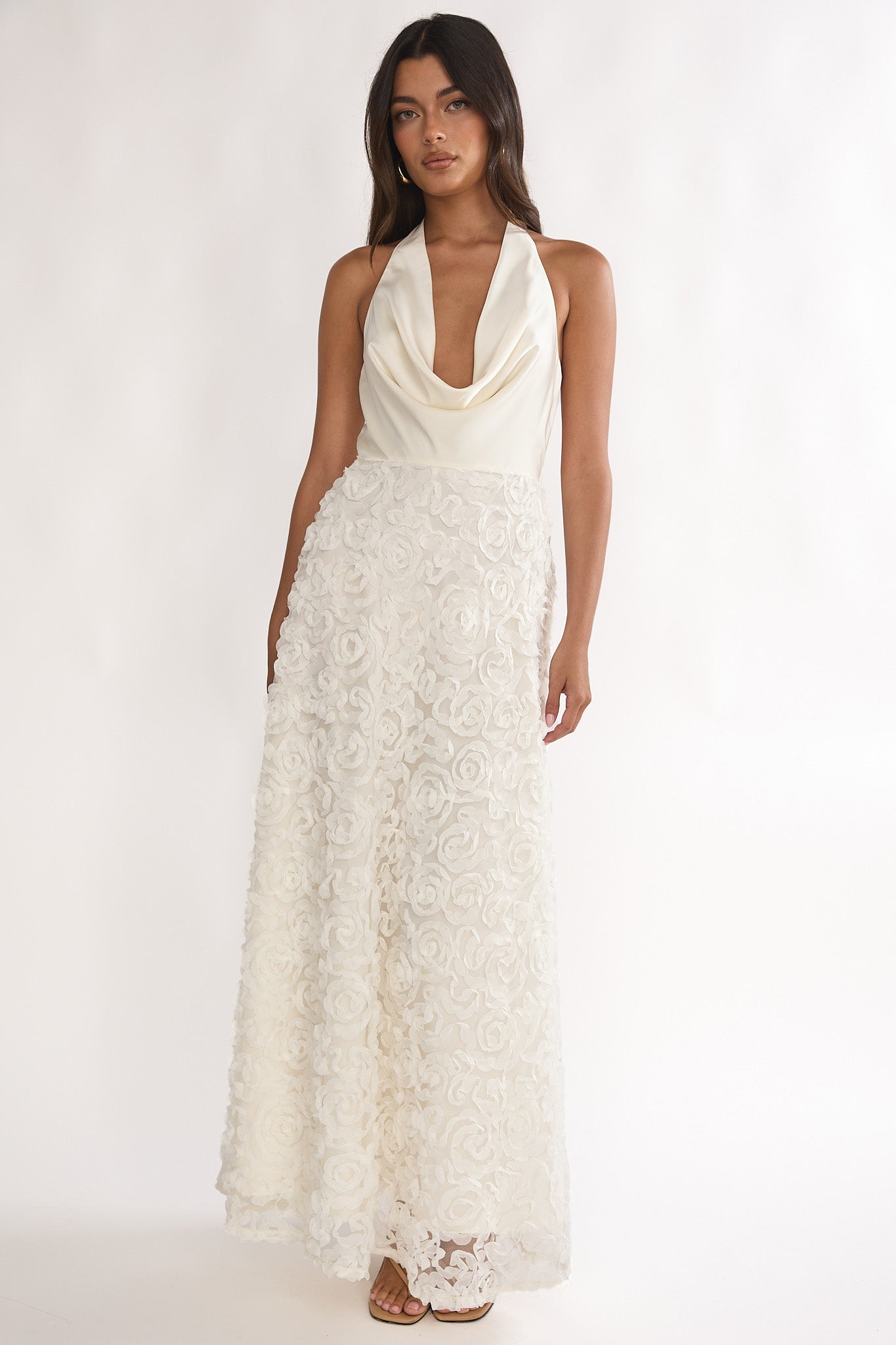 Lucerne Cowl Halter Maxi Dress Embellished Ivory-Maymioy