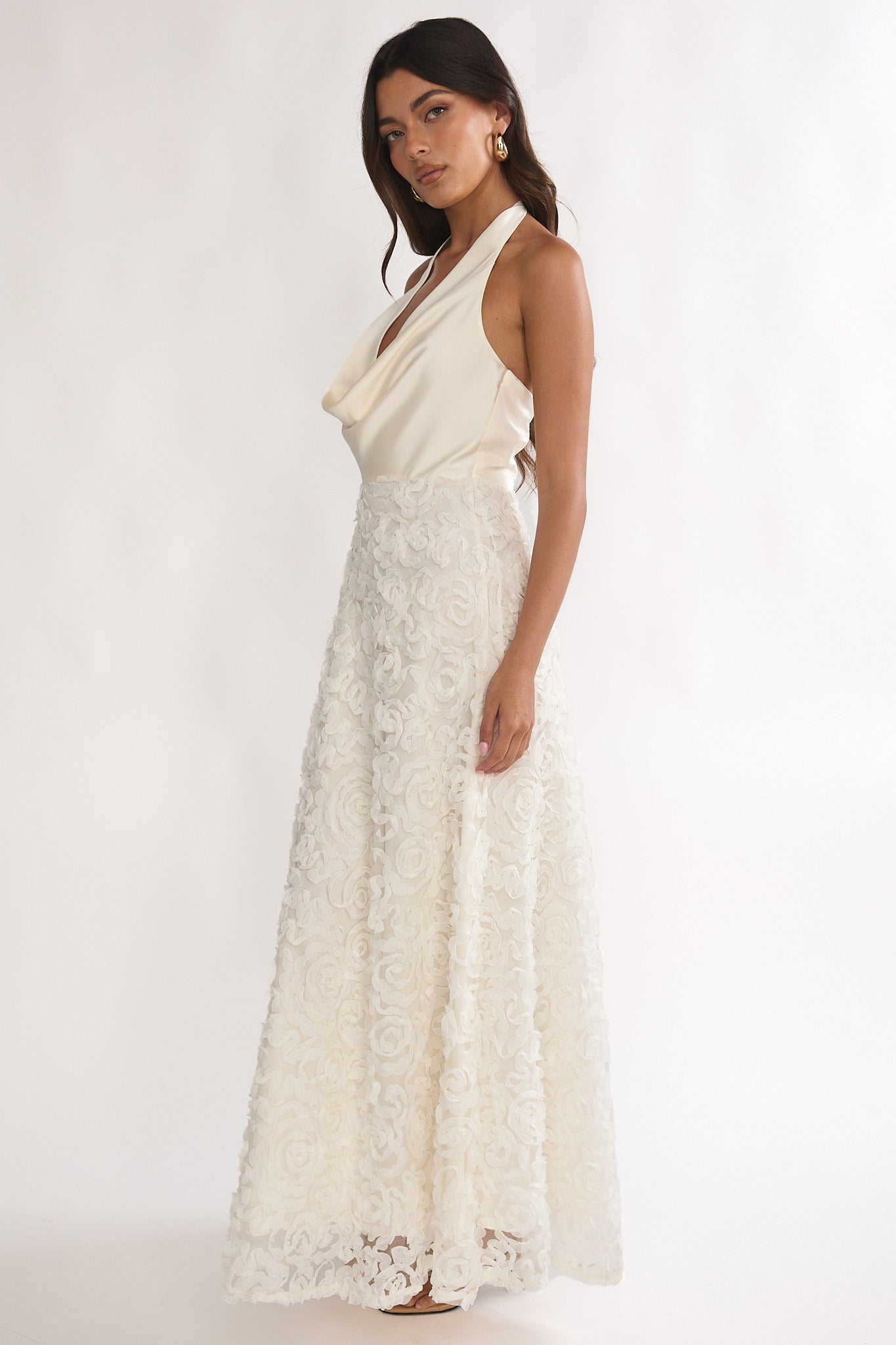 Lucerne Cowl Halter Maxi Dress Embellished Ivory-Maymioy