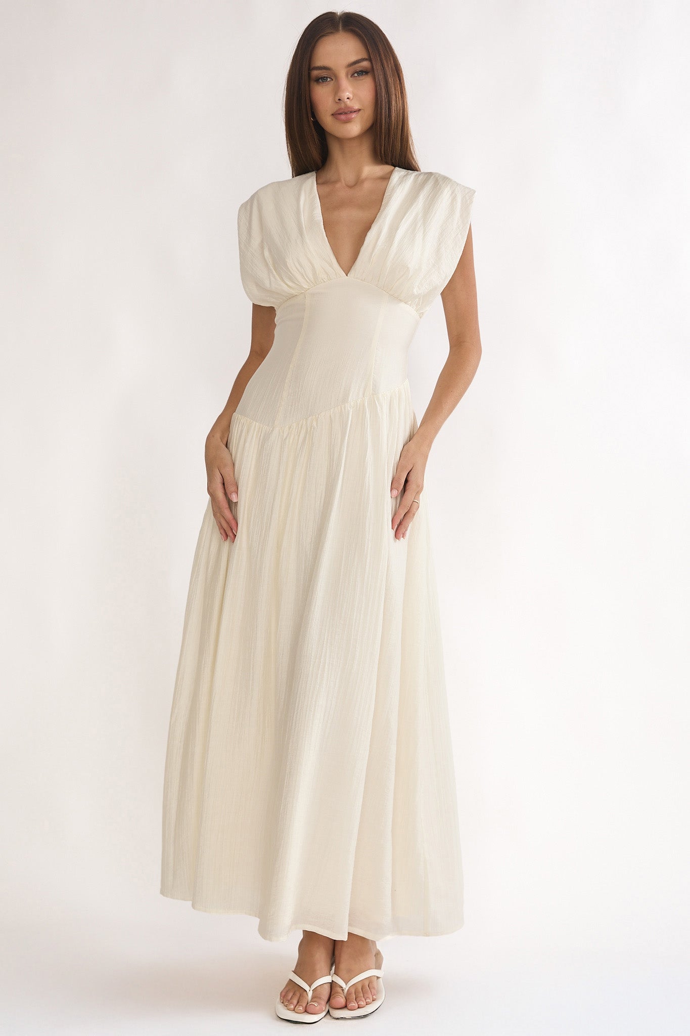 Danicka Asymmetric Waist Maxi Dress Cream-Maymioy