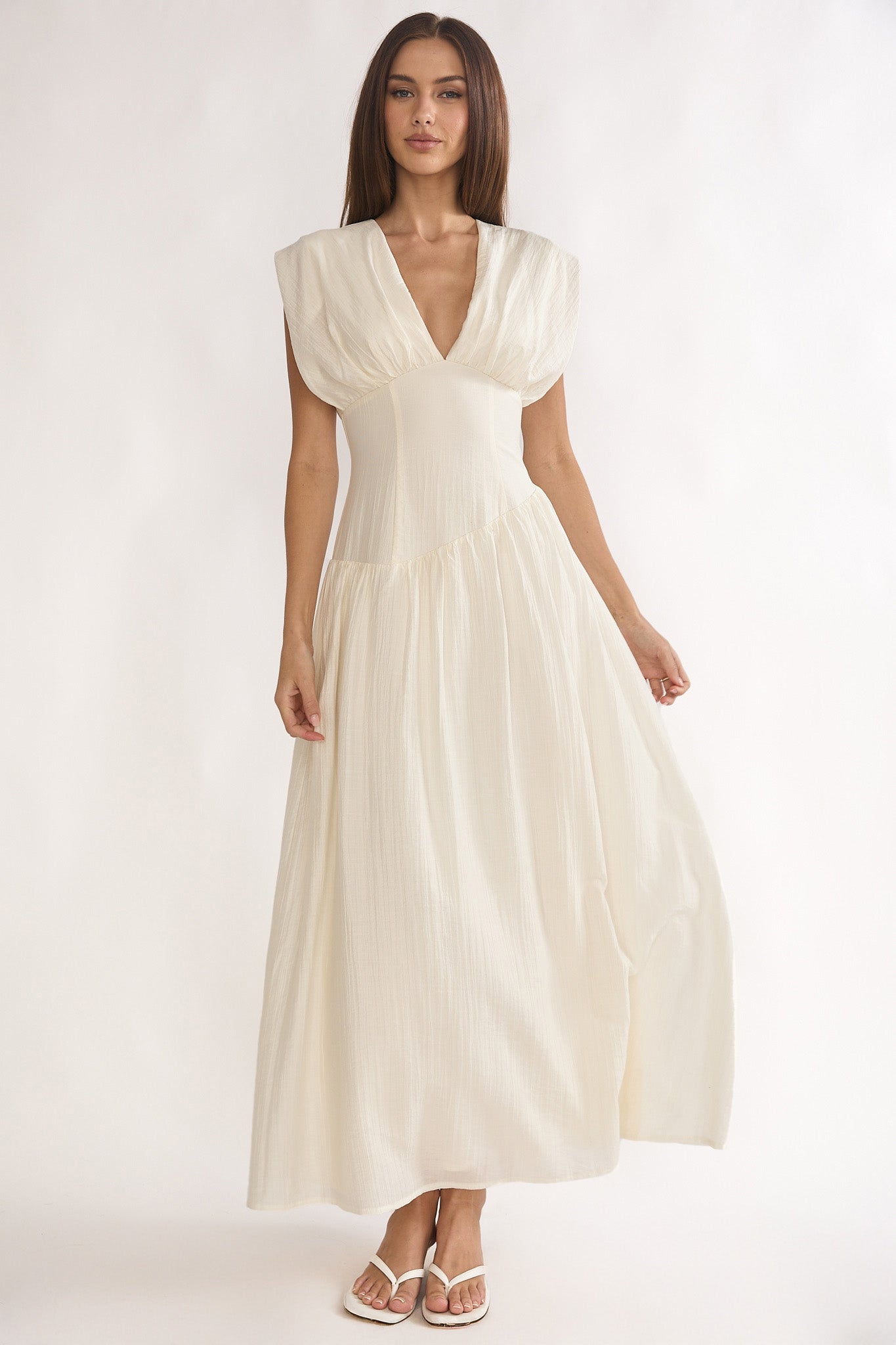 Danicka Asymmetric Waist Maxi Dress Cream-Maymioy