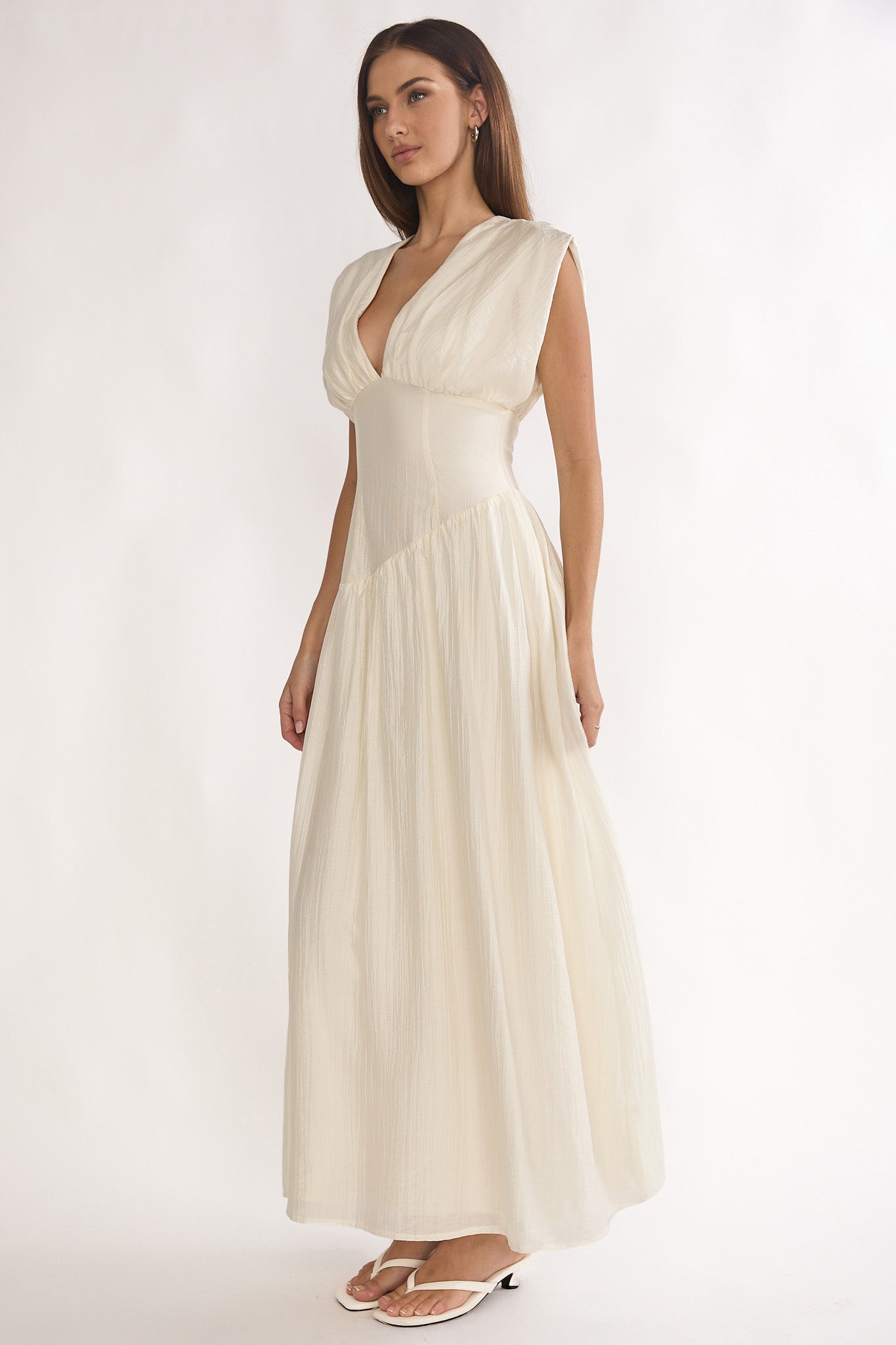 Danicka Asymmetric Waist Maxi Dress Cream-Maymioy