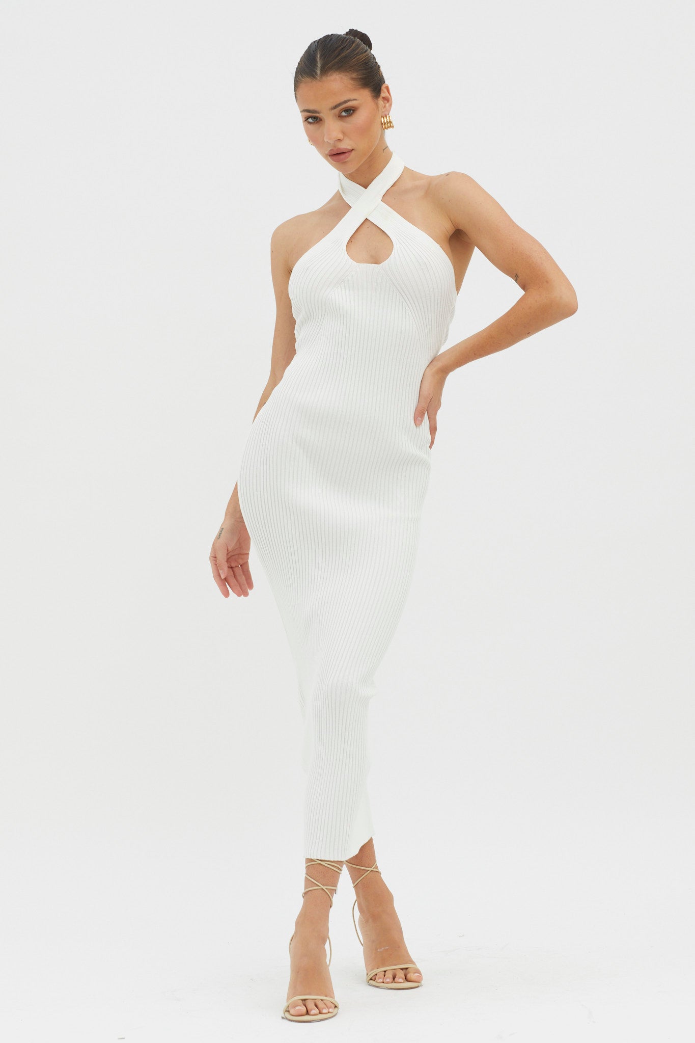 Lovelock Halterneck Ribbed Knit Midi Dress White-Maymioy