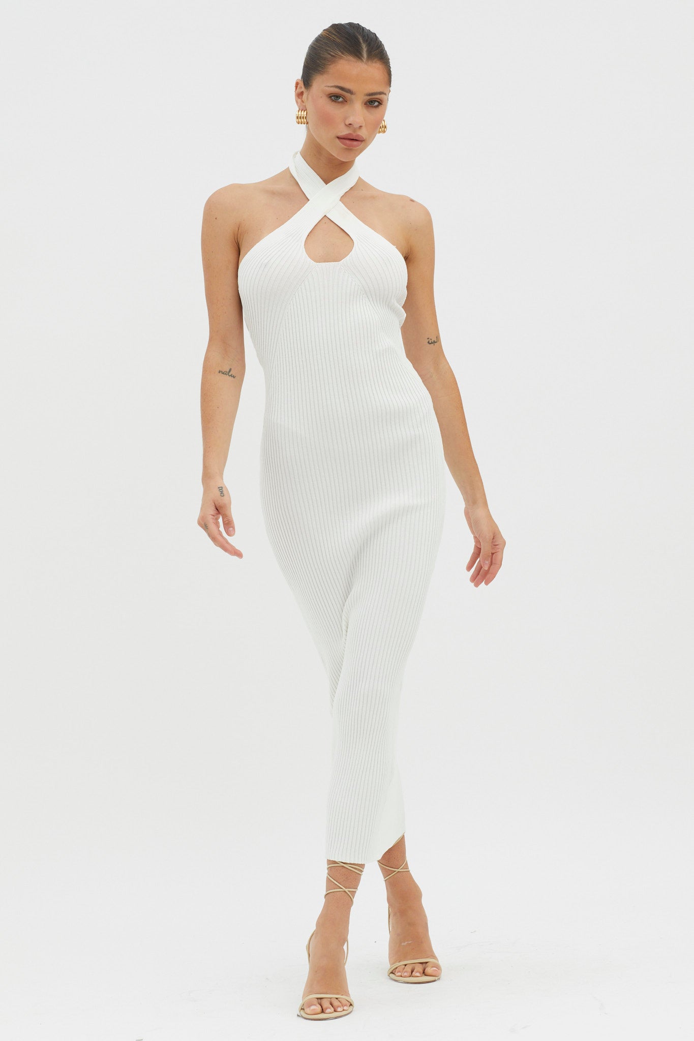 Lovelock Halterneck Ribbed Knit Midi Dress White-Maymioy