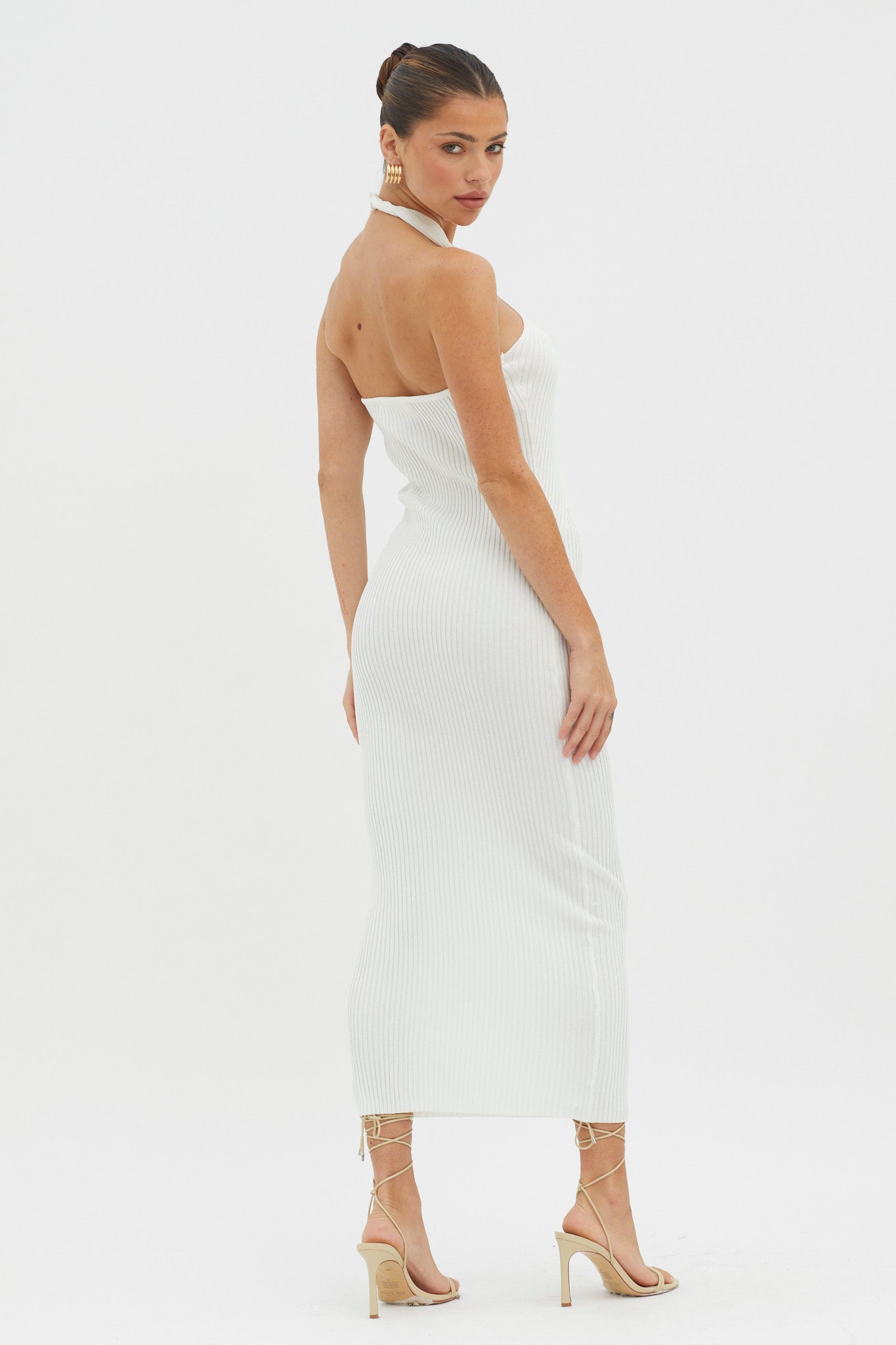 Lovelock Halterneck Ribbed Knit Midi Dress White-Maymioy