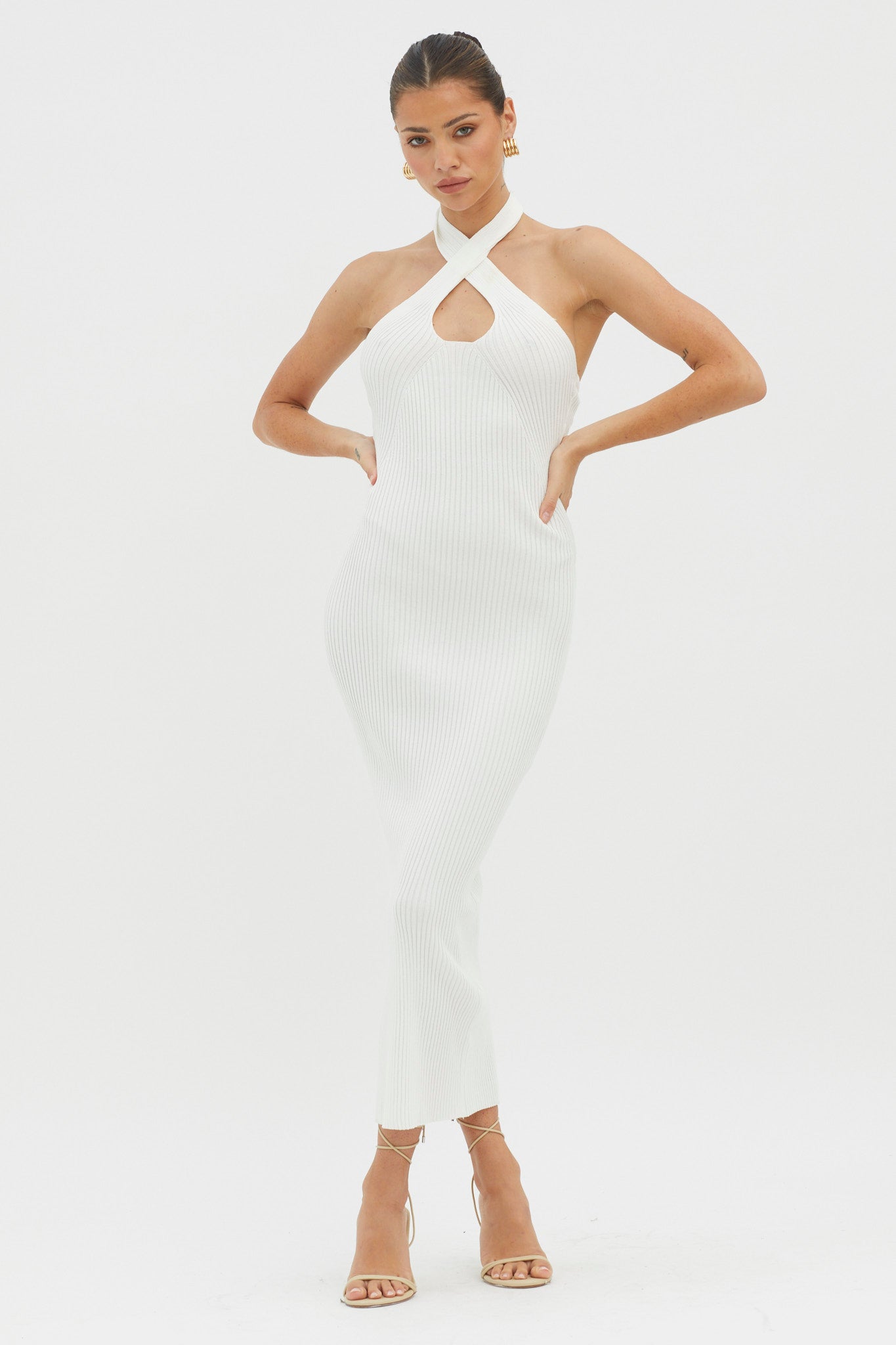 Lovelock Halterneck Ribbed Knit Midi Dress White-Maymioy