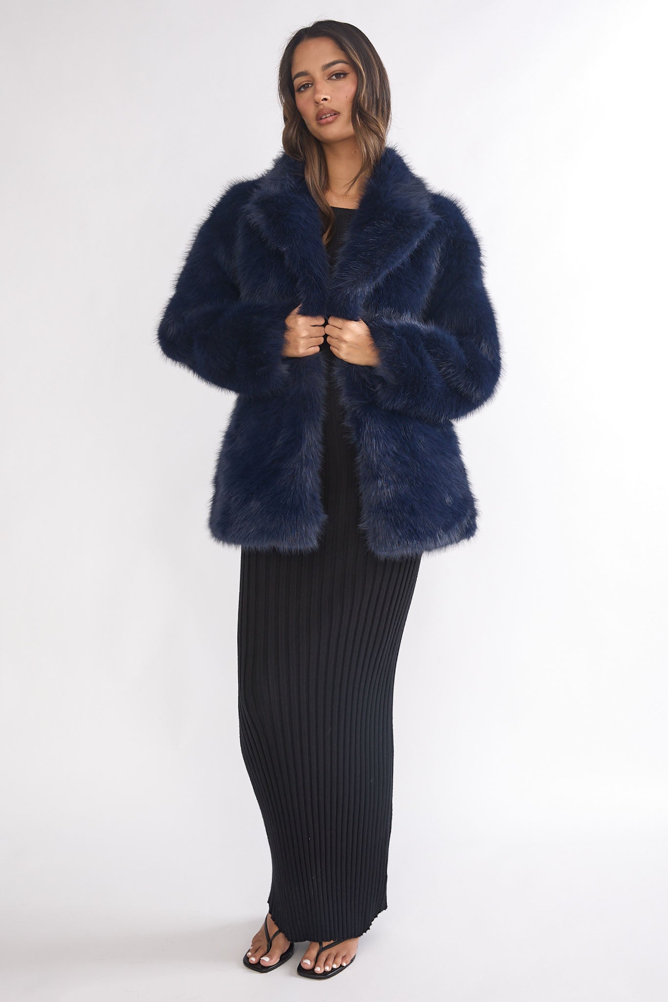 Rilani Faux Fur Pocket Coat Navy-Maymioy