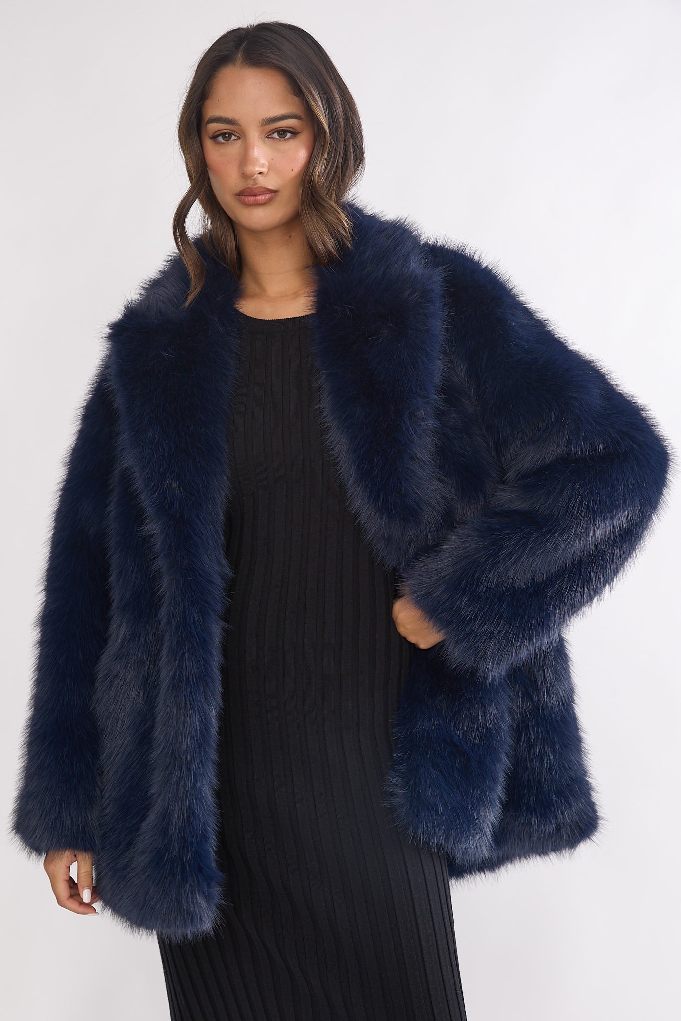 Rilani Faux Fur Pocket Coat Navy-Maymioy