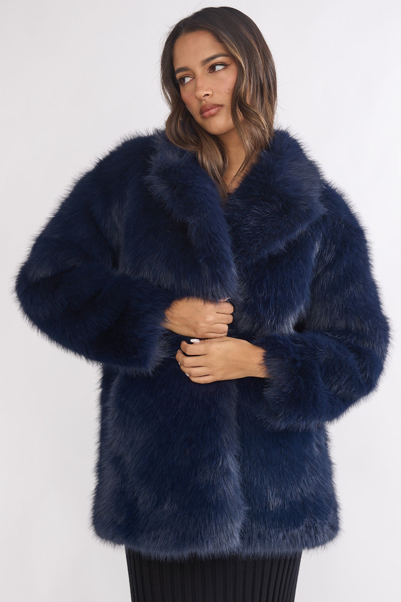 Rilani Faux Fur Pocket Coat Navy-Maymioy