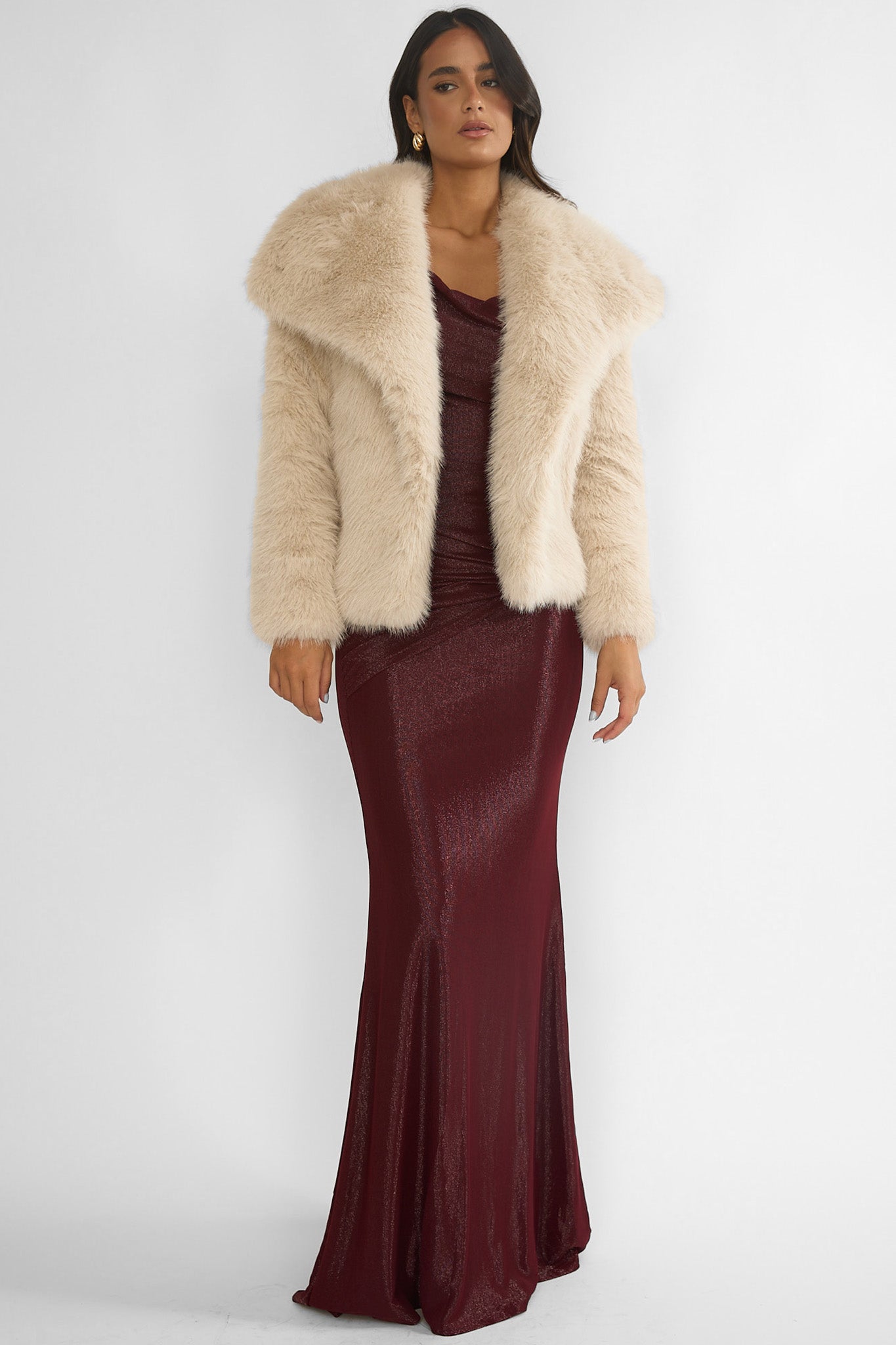 Harlequinn Oversized Lapel Faux Fur Jacket Taupe-Maymioy