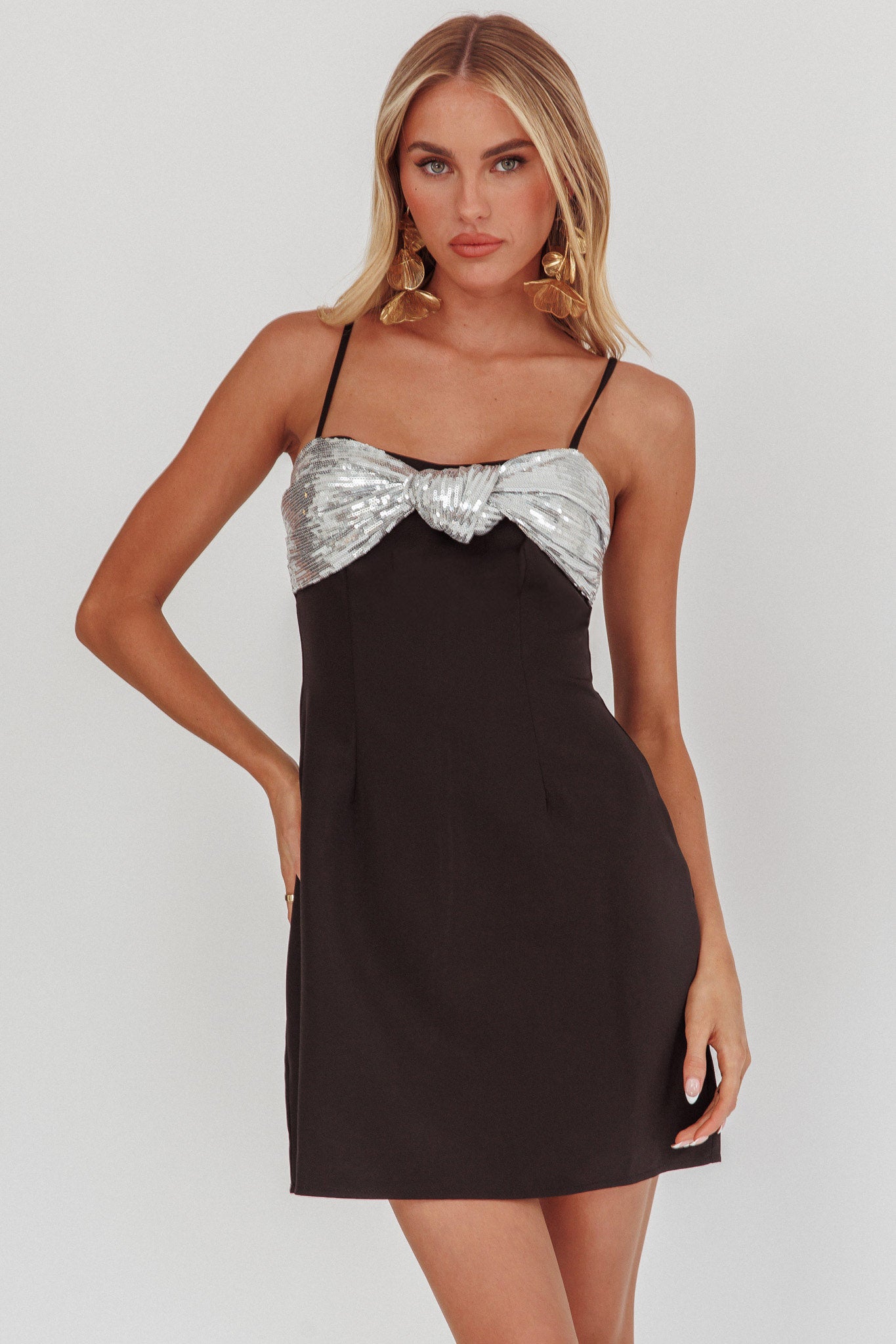 Sweet Caroline Sequin Twist Mini Dress Black/Silver-Maymioy